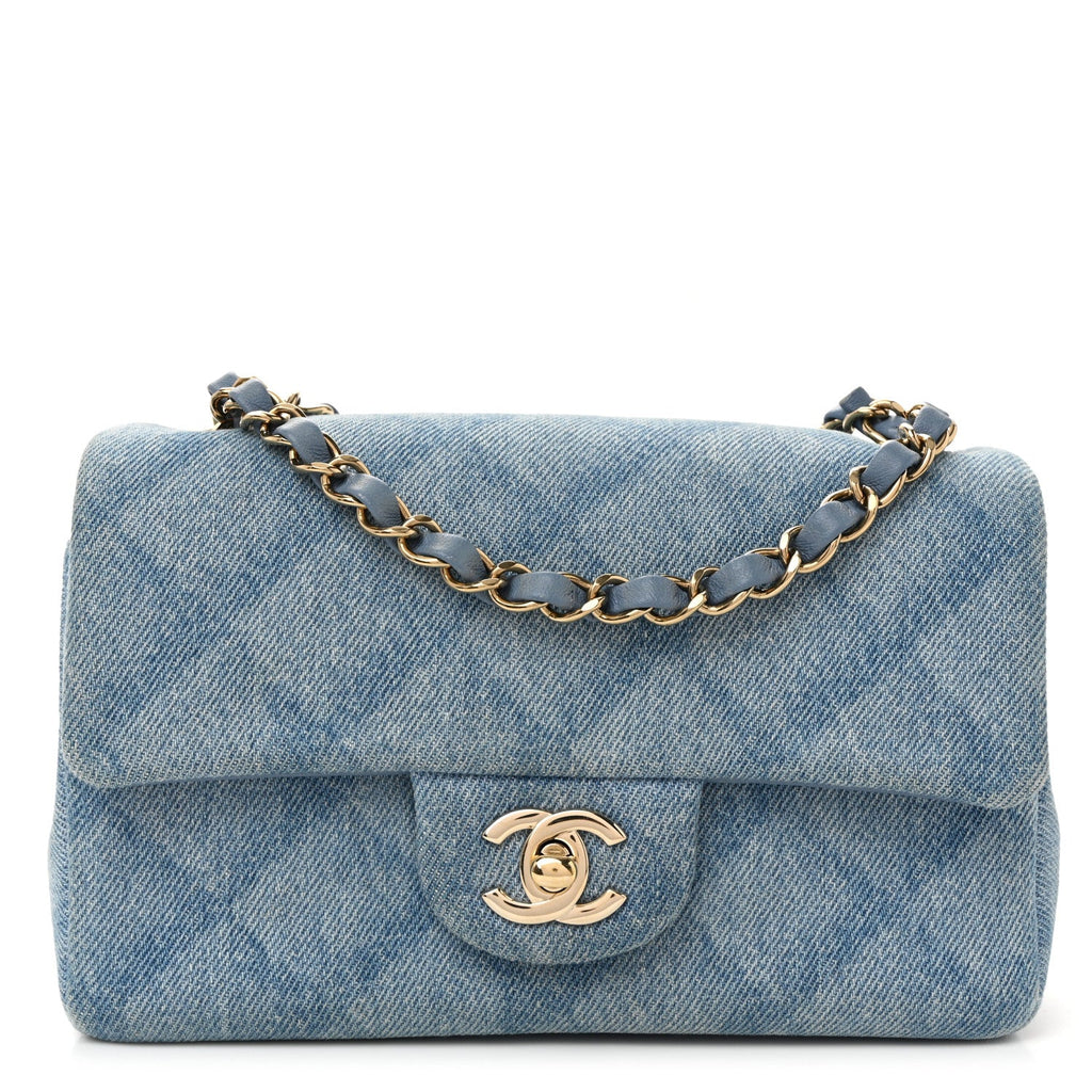 Chanel Printed Denim Quilted Mini Rectangular Flap Light Blue