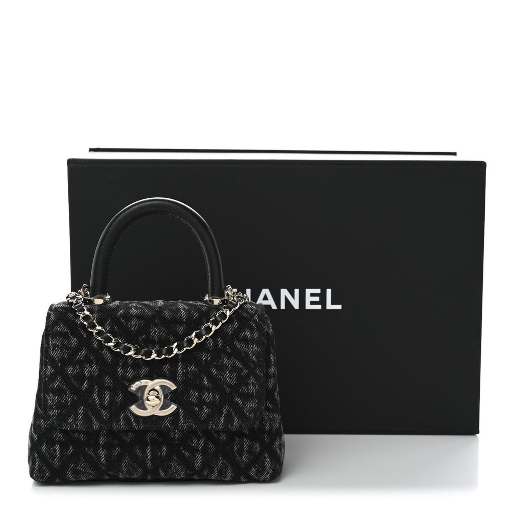Chanel Washed Denim Quilted Coco Handle Clutch With Chain Black