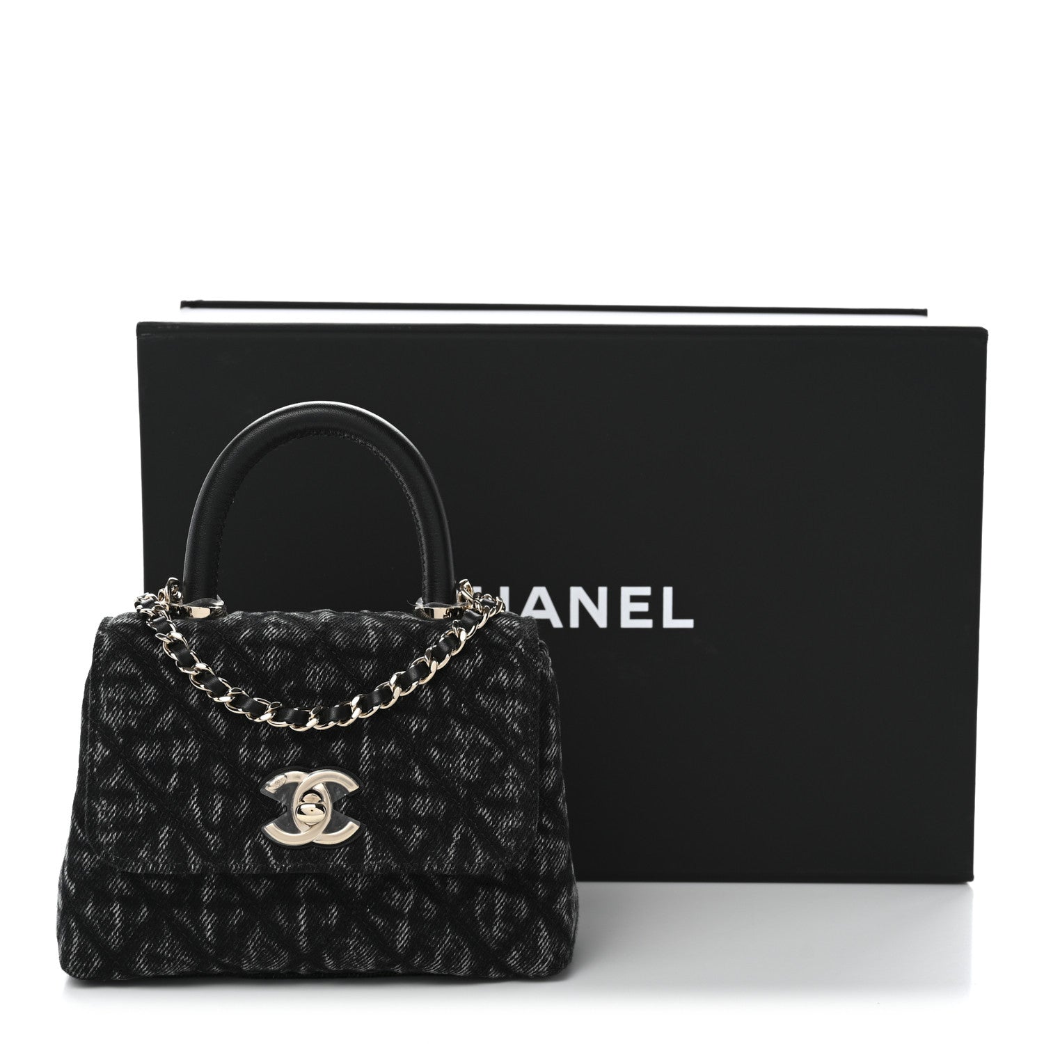 Chanel Washed Denim Quilted Coco Handle Clutch With Chain Black