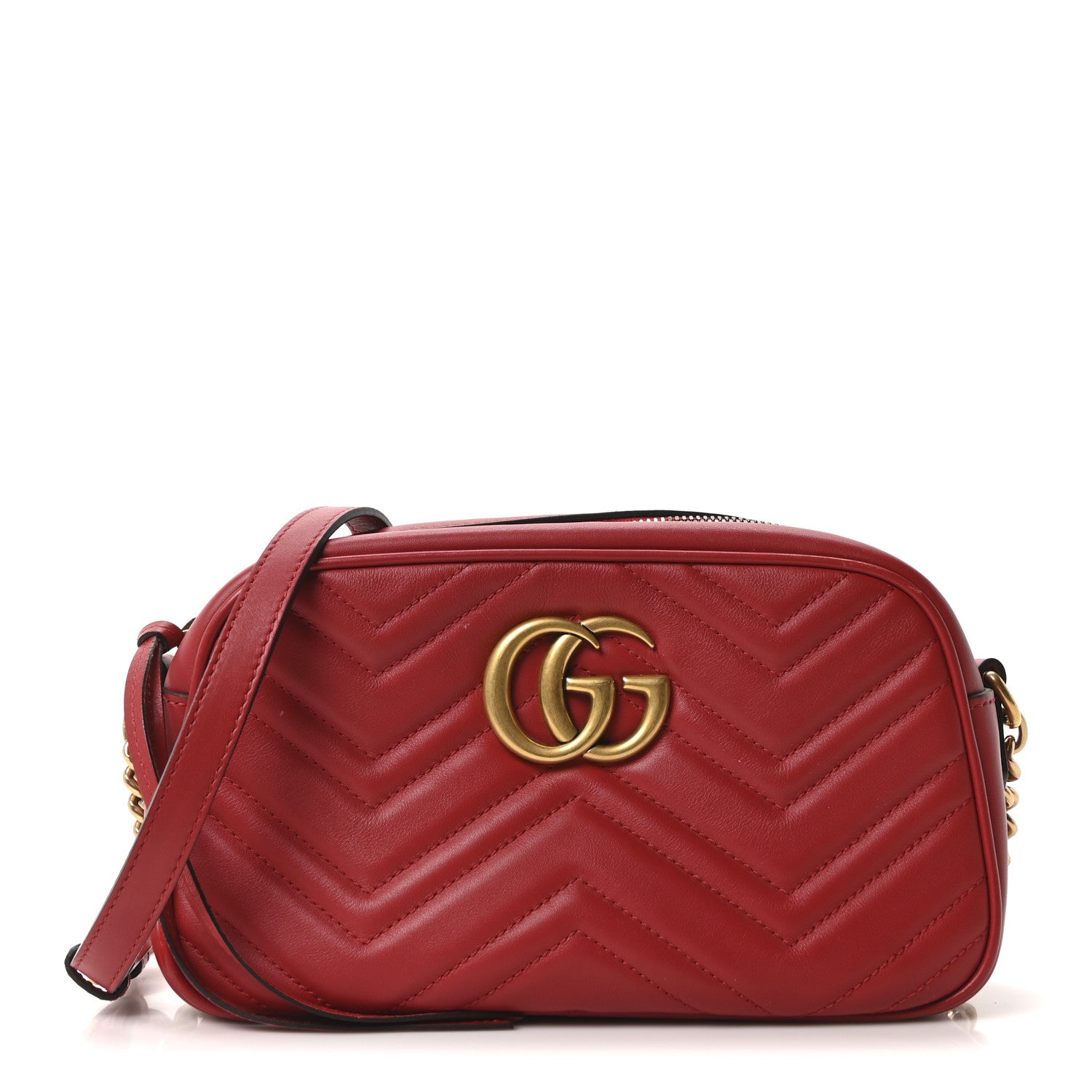 Gucci Calfskin Matelasse Small GG Marmont Chain Shoulder Bag Hibiscus Red