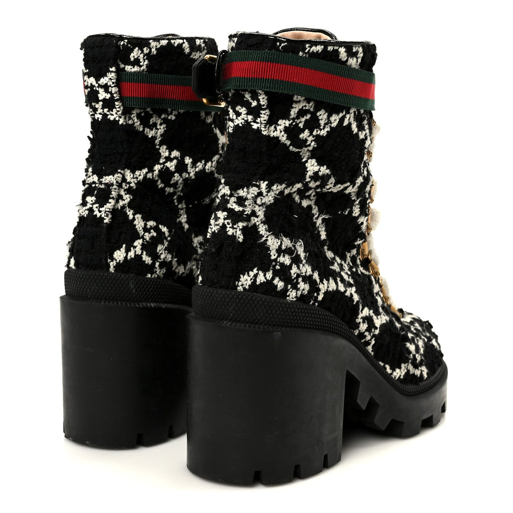Gucci Tweed GG Monogram Lace Up Combat Ankle Boots 38 Black