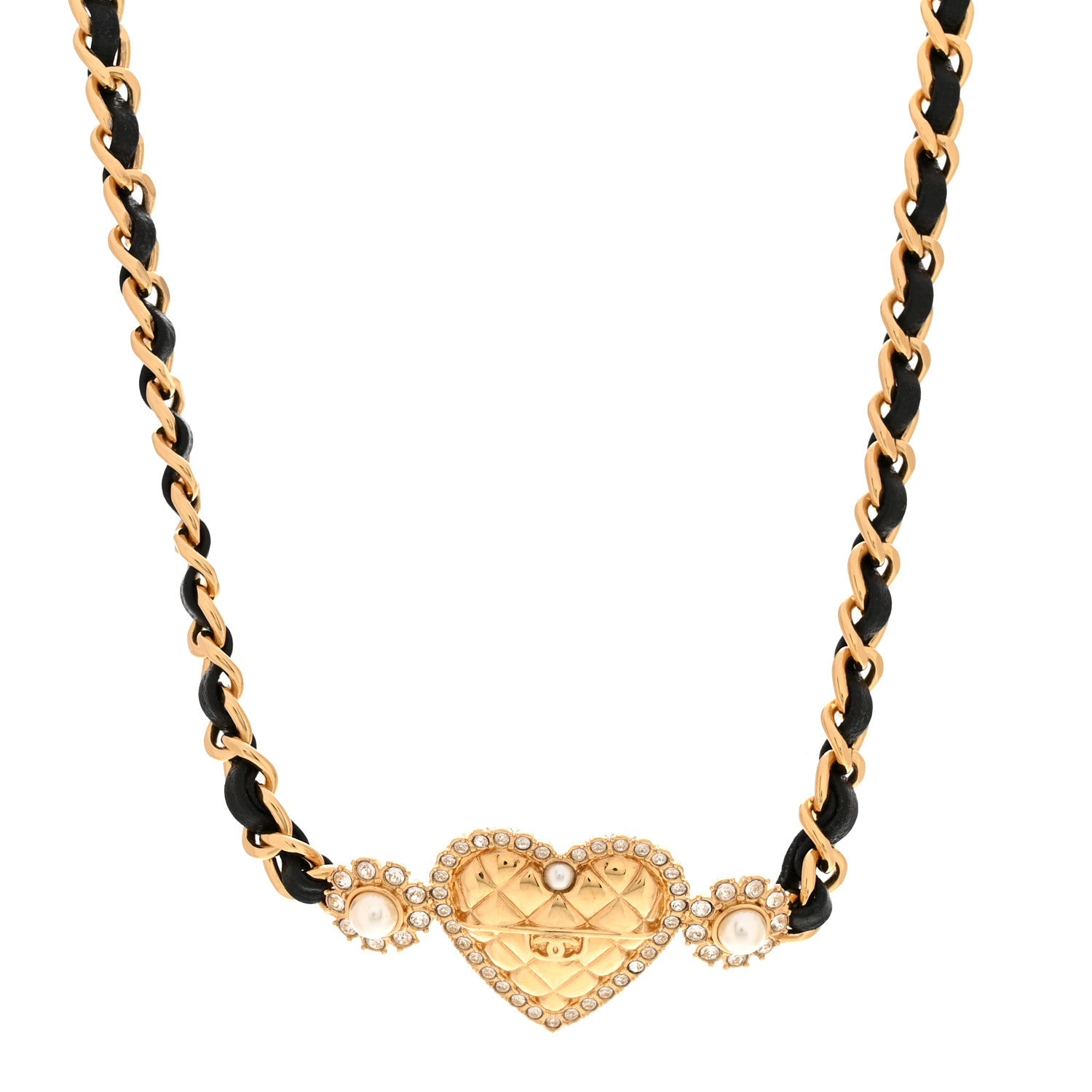 Metal Lambskin Glass Pearl Strass Heart Choker Gold Black