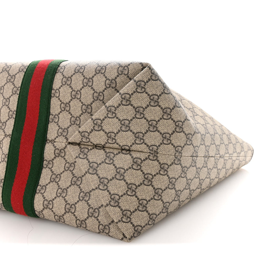 Gucci GG Supreme Monogram Calfskin Web Large Ophidia Tote Beige Dark Brown