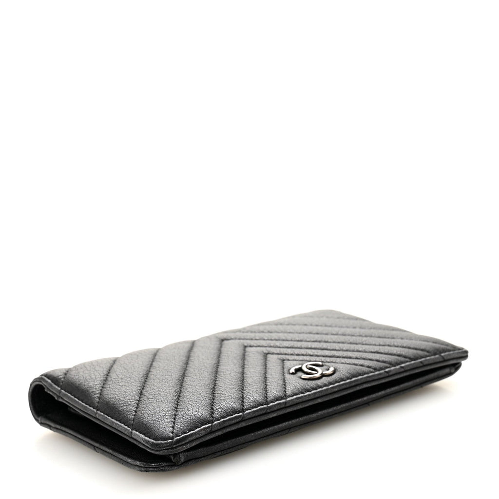 Chanel Shiny Goatskin Chevron Quilted Yen Wallet Black