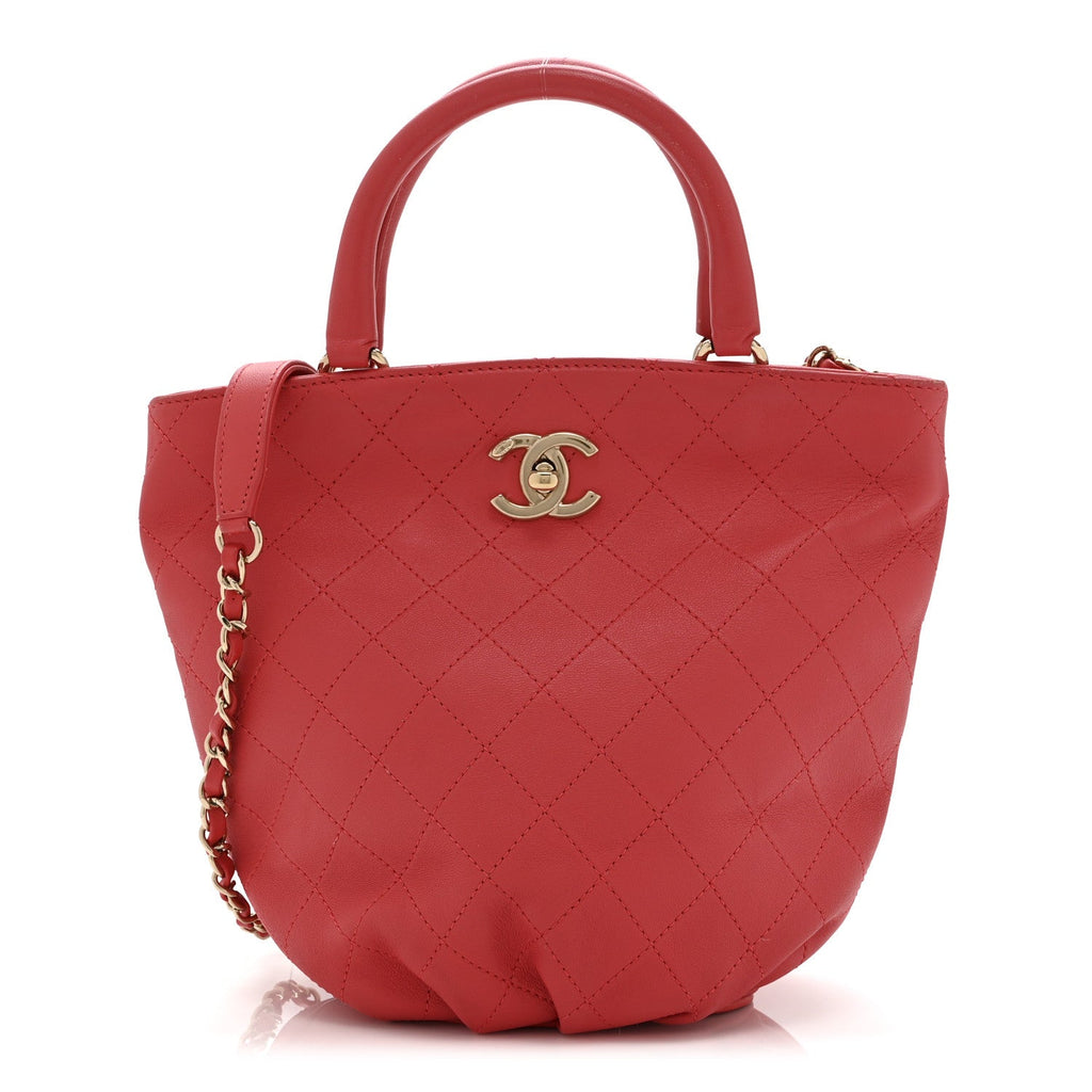 Chanel Calfskin Stitched Chain Bucket Bag Coral