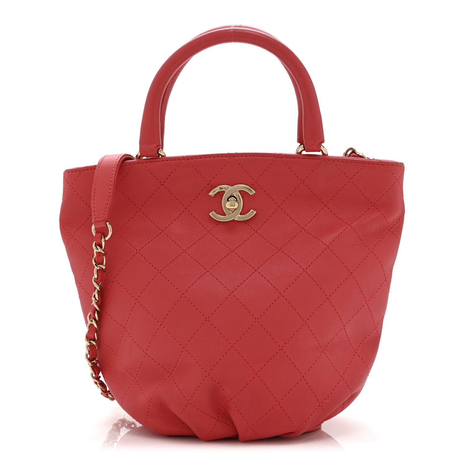 Chanel Calfskin Stitched Chain Bucket Bag Coral