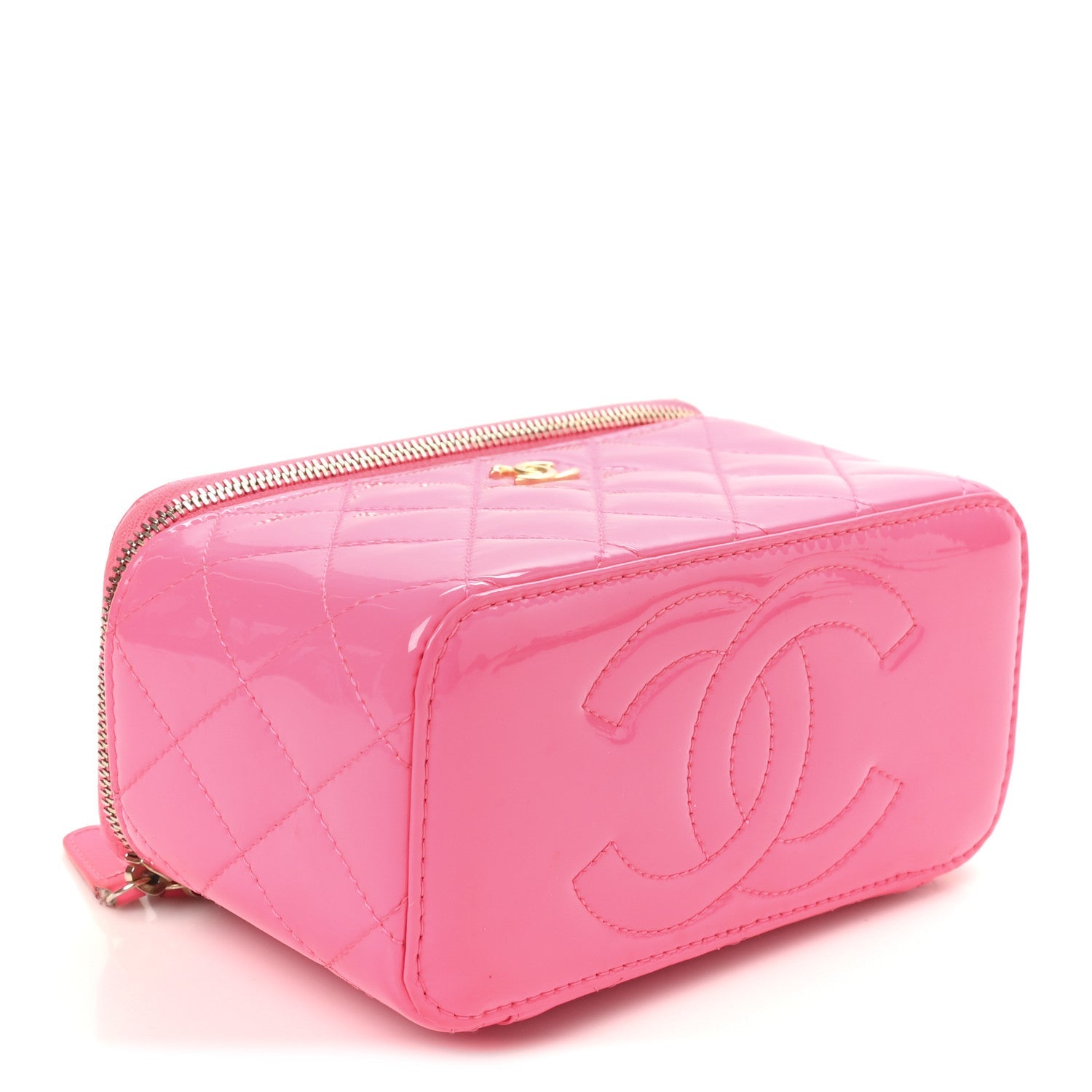 Chanel Patent Quilted Pearl Crush Small Vanity Case With Chain Neon Pink
