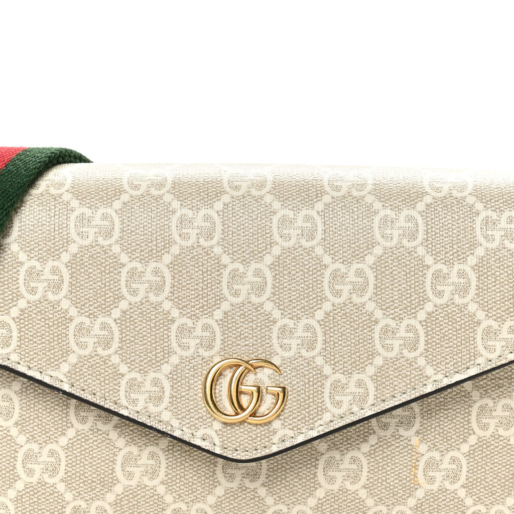 Gucci GG Supreme Monogram Textured Dollar Calfskin Web Mini Ophidia Envelope Shoulder Bag Beige Mystic White Oatmeal
