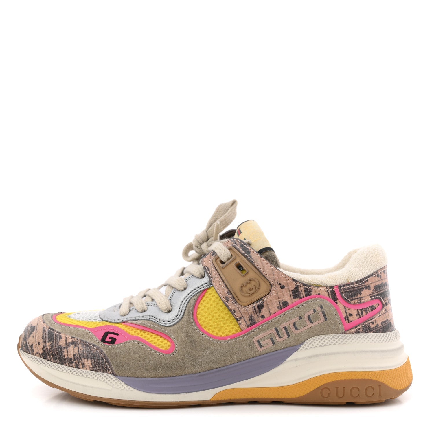 Gucci Suede Calfskin Tejus Printed Womens Ultrapace Sneakers 37.5 Pink Silver Oatmeal Yolk
