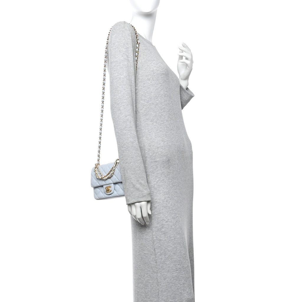Chanel Shiny Lambskin Quilted Pearl Twist Mini Square Flap Light Blue
