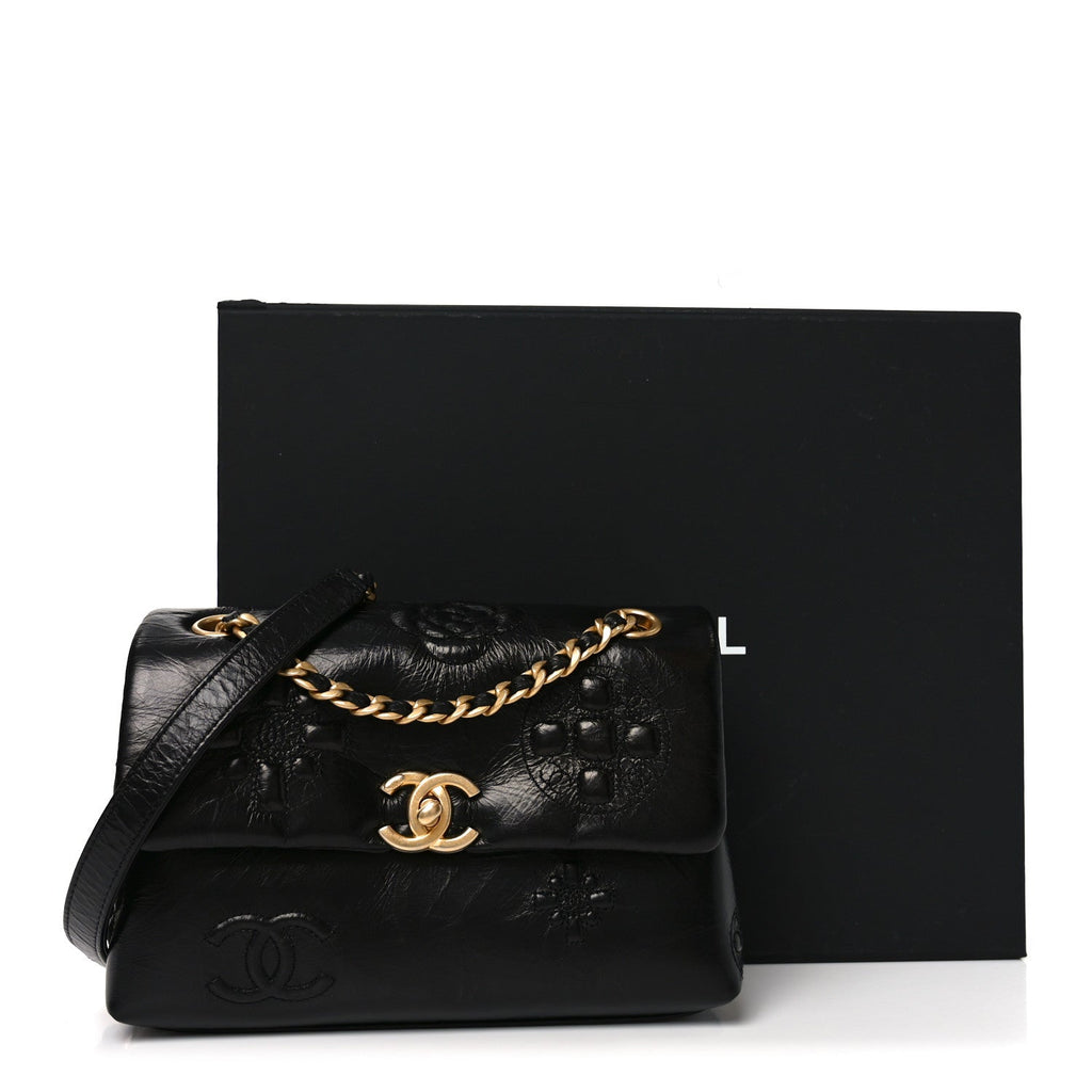 Chanel Crumbled Calfskin Embossed Flap Black