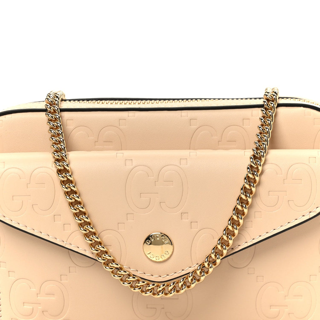 Gucci Calfskin GG Super Mini Debossed Chain Wallet Light Beige