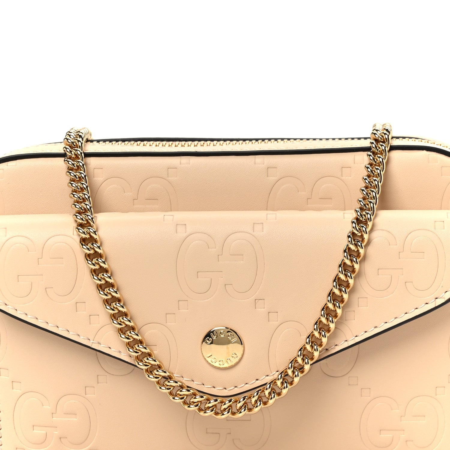 Gucci Calfskin GG Super Mini Debossed Chain Wallet Light Beige