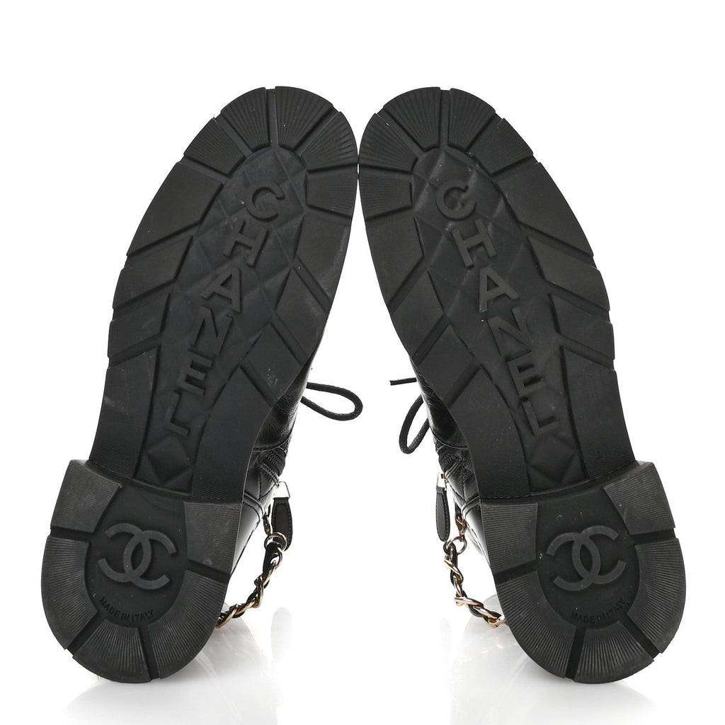 Chanel Shiny Calfskin Patent Quilted Chain Lace Up Combat Boots 40 Black