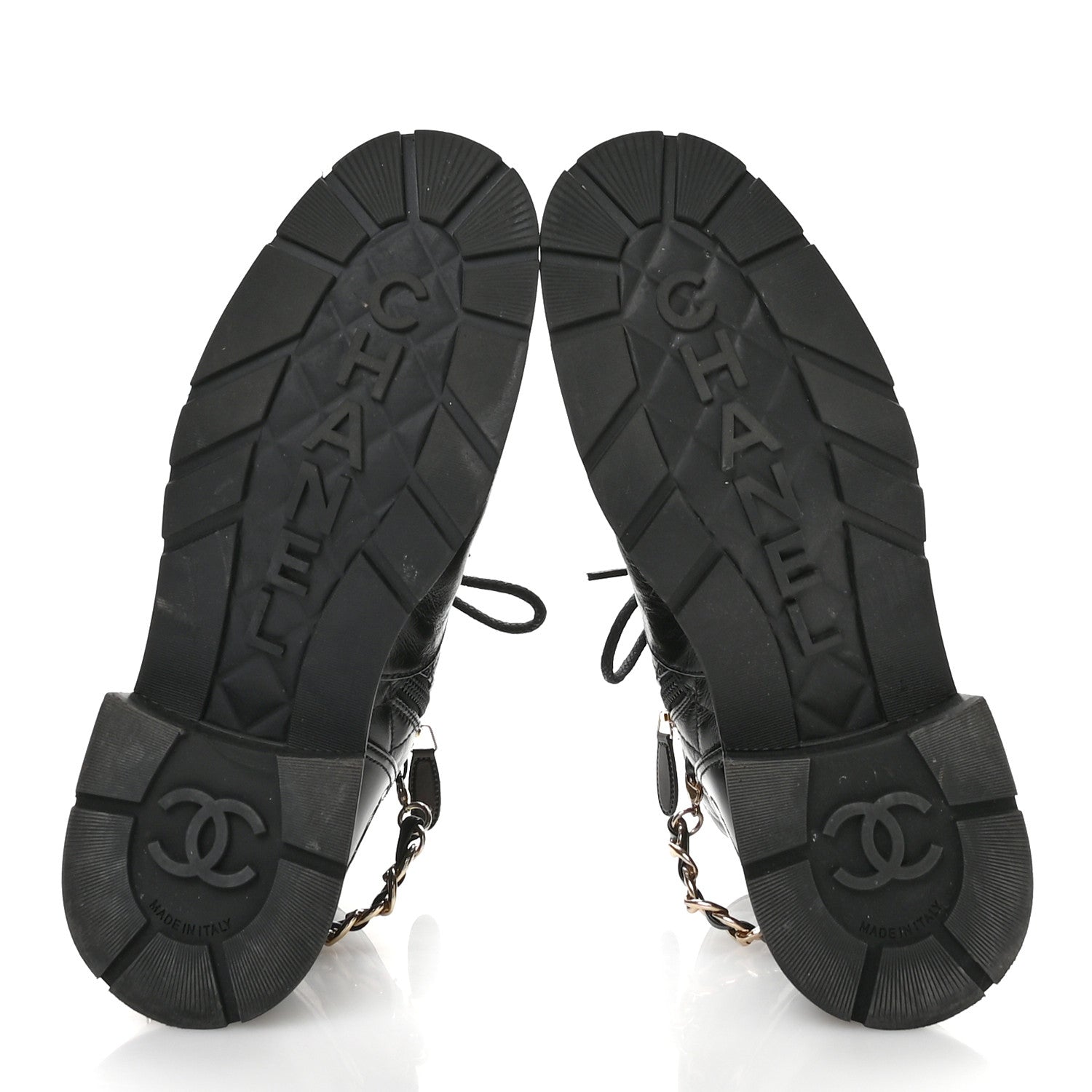 Chanel Shiny Calfskin Patent Quilted Chain Lace Up Combat Boots 40 Black