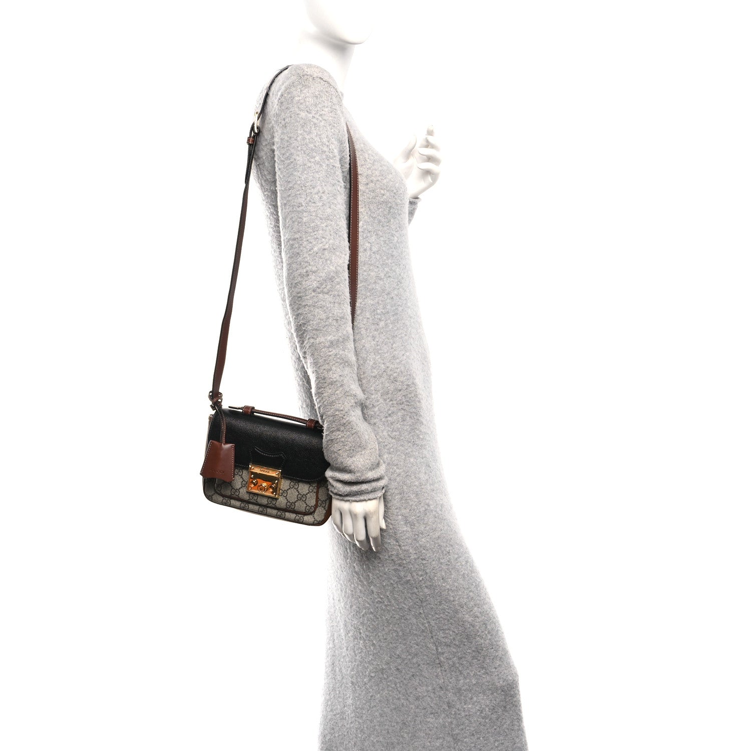Gucci GG Supreme Monogram New Sakai Lux Calfskin Mini Padlock Flap Pocket Shoulder Bag Beige Ebony Black Cuir