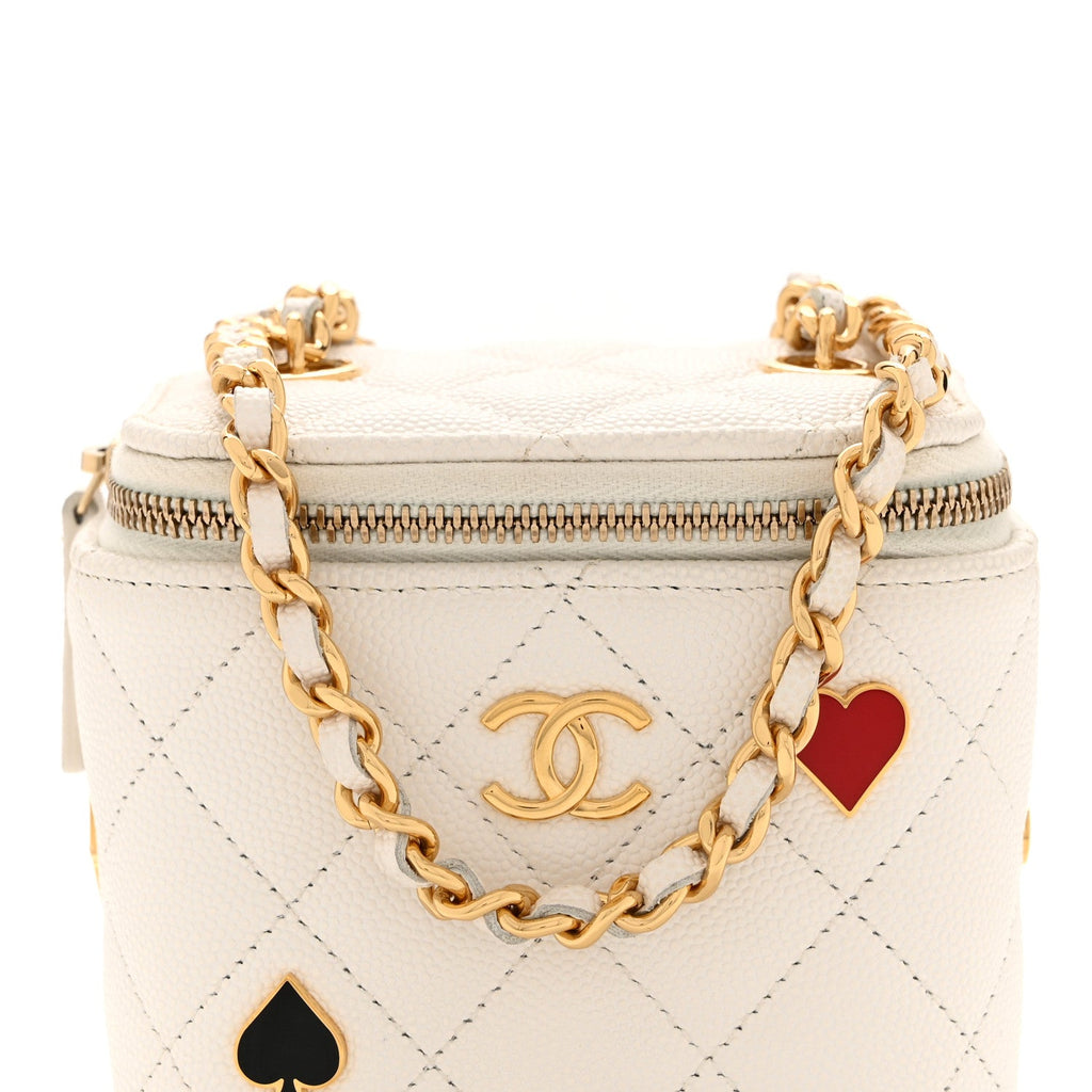 Chanel Caviar Quilted Enamel Coco Casino Mini Vanity Case With Chain White