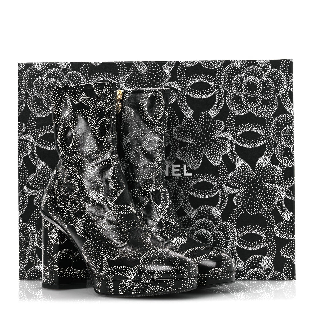 Calfskin Camellia Printed Ankle Boots 38.5 Black White