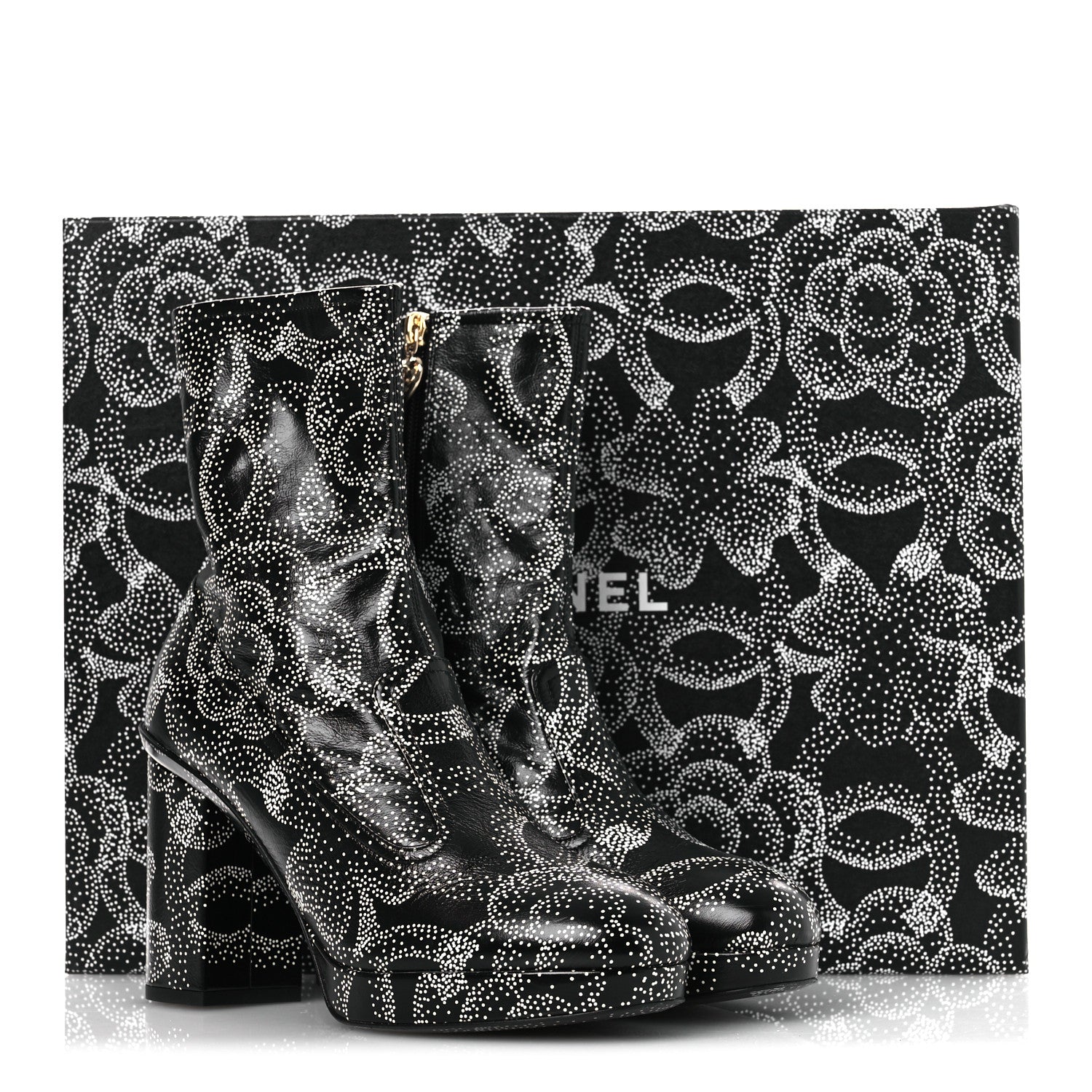 Calfskin Camellia Printed Ankle Boots 38.5 Black White