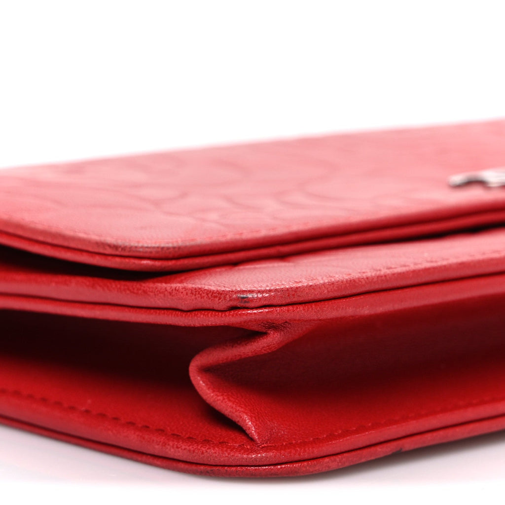 Chanel Lambskin Camellia Embossed Wallet on Chain WOC Red