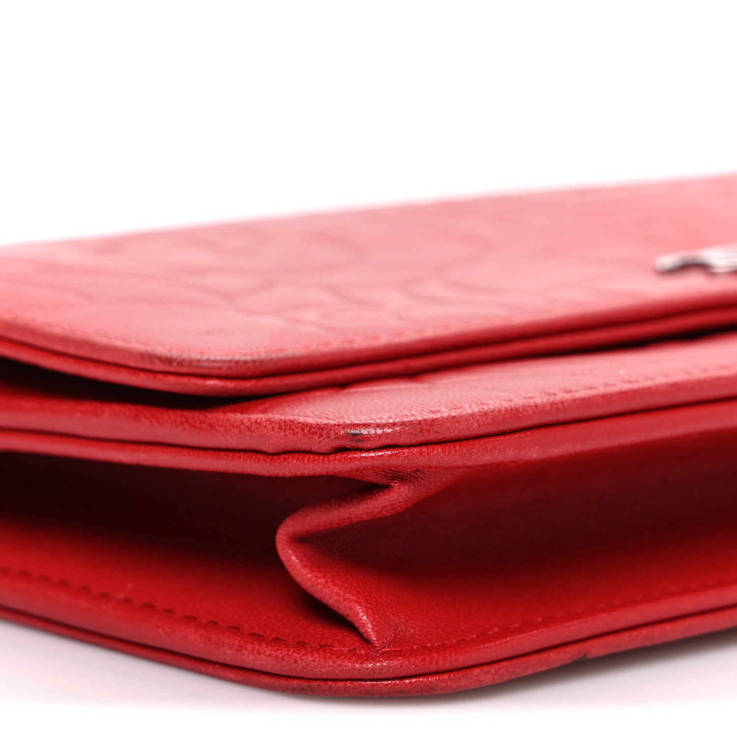 Chanel Lambskin Camellia Embossed Wallet on Chain WOC Red
