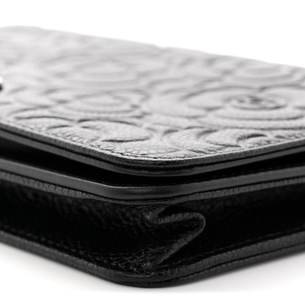 Chanel Caviar Camellia Embossed Wallet On Chain WOC Black