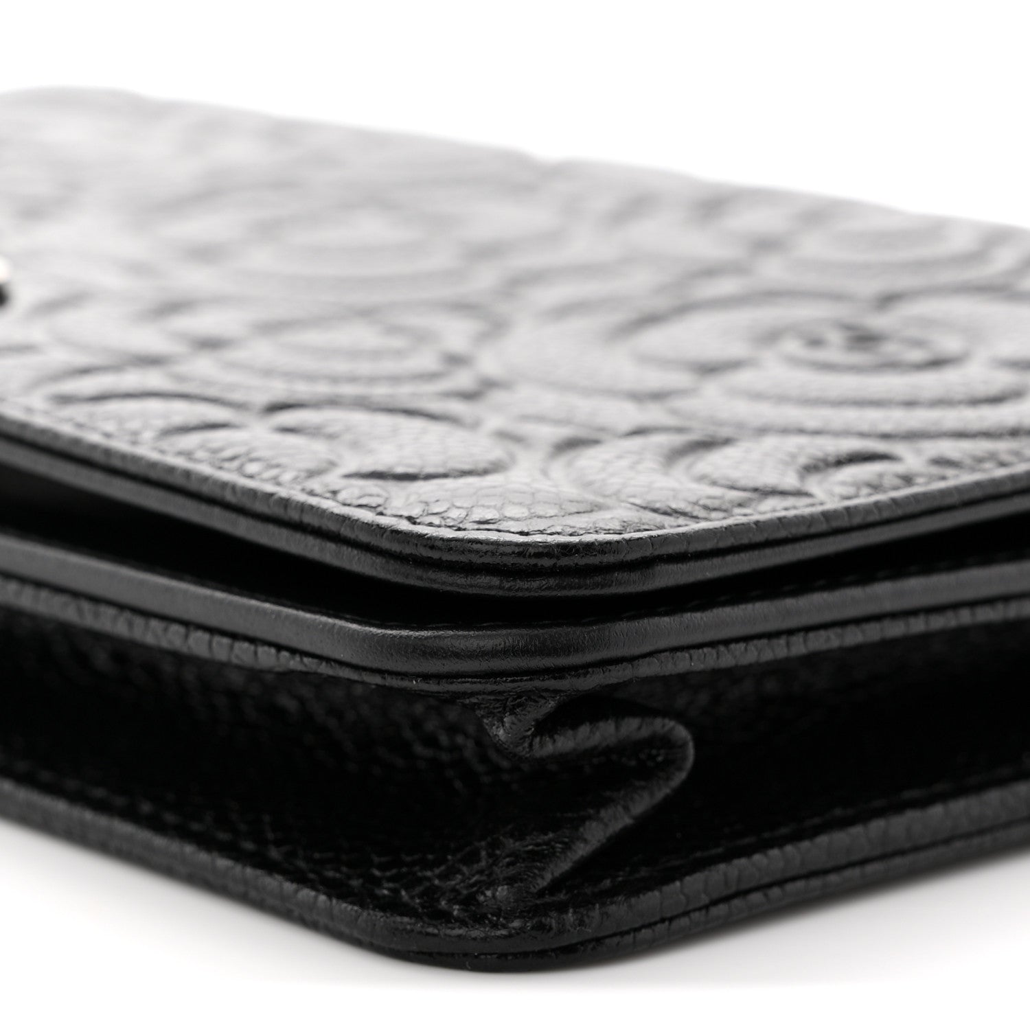 Chanel Caviar Camellia Embossed Wallet On Chain WOC Black