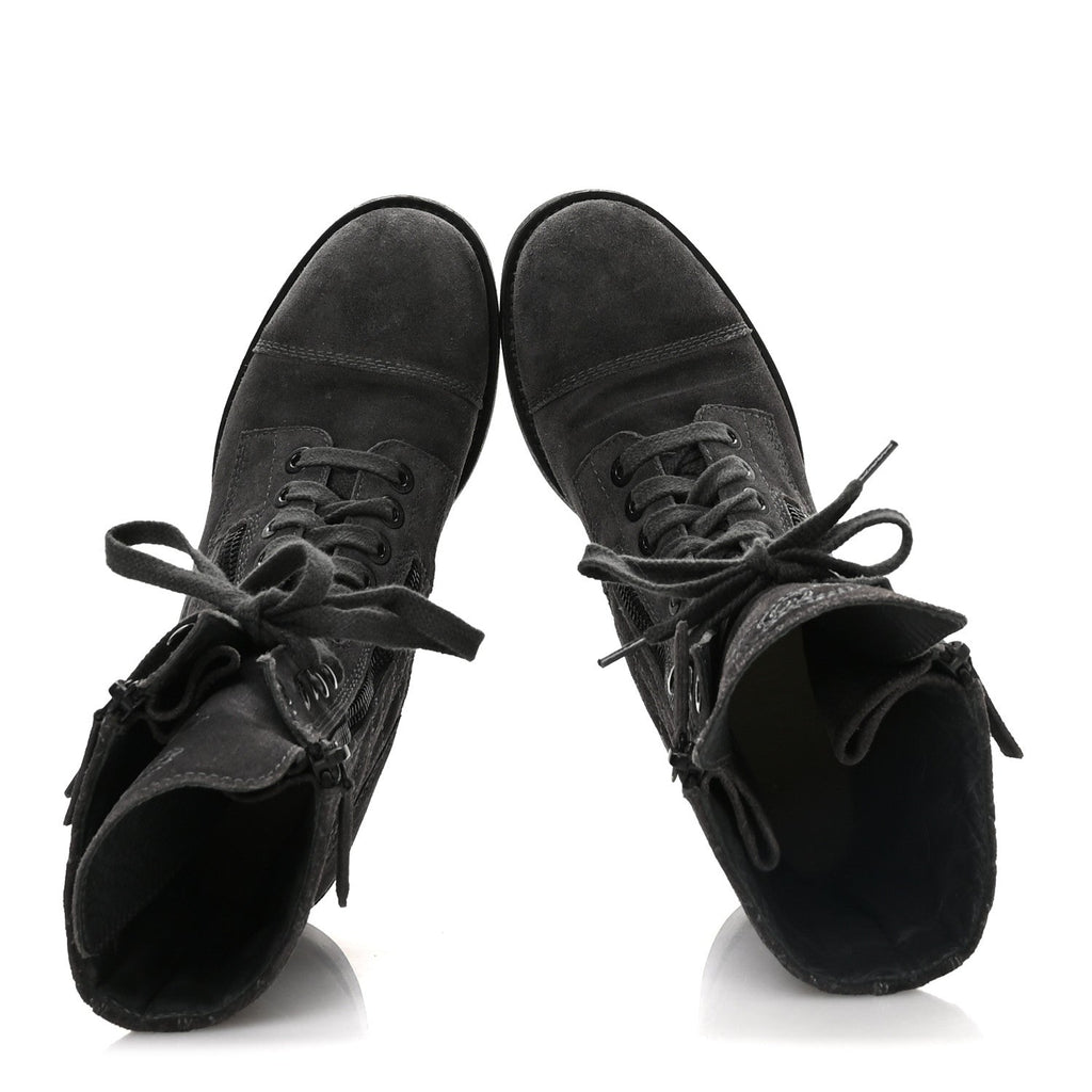 Chanel Suede Quilted CC Tall Lace Up Combat Boots 38 Grey