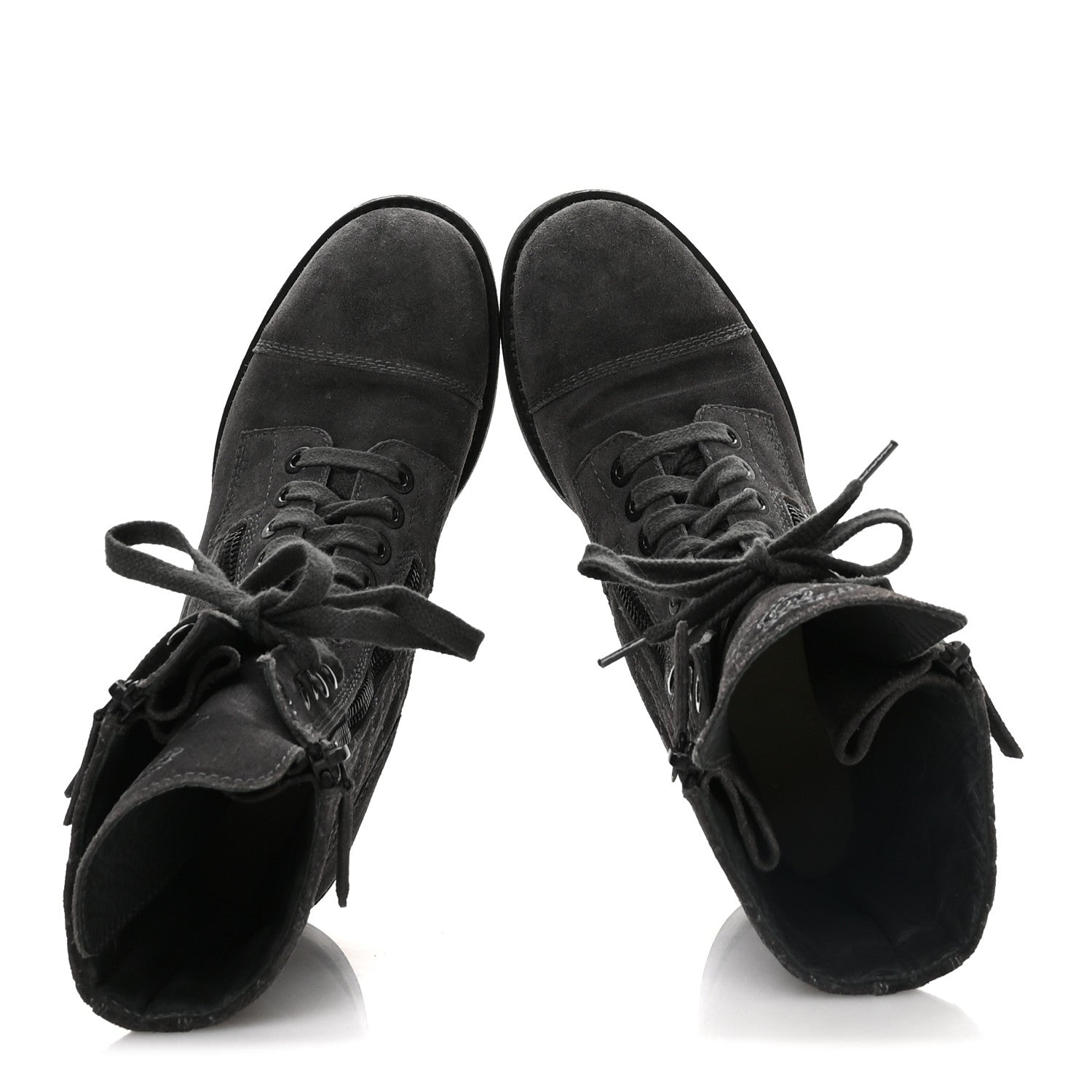 Chanel Suede Quilted CC Tall Lace Up Combat Boots 38 Grey