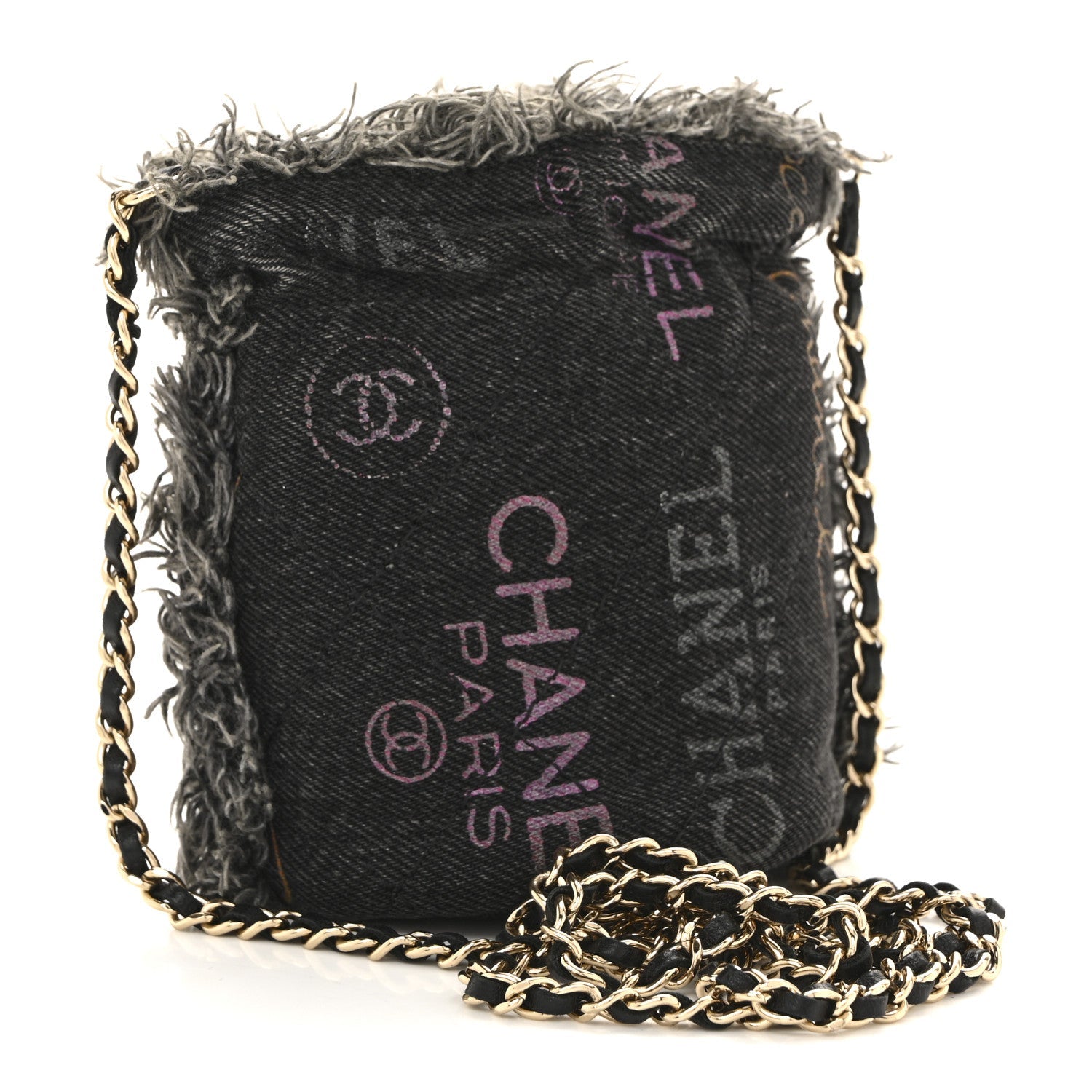 Chanel Denim Quilted Mood Mini Bucket With Chain Black Multicolor