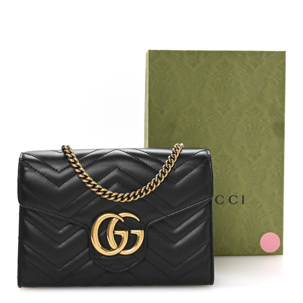 Gucci Calfskin Matelasse GG Marmont Chain Wallet Black