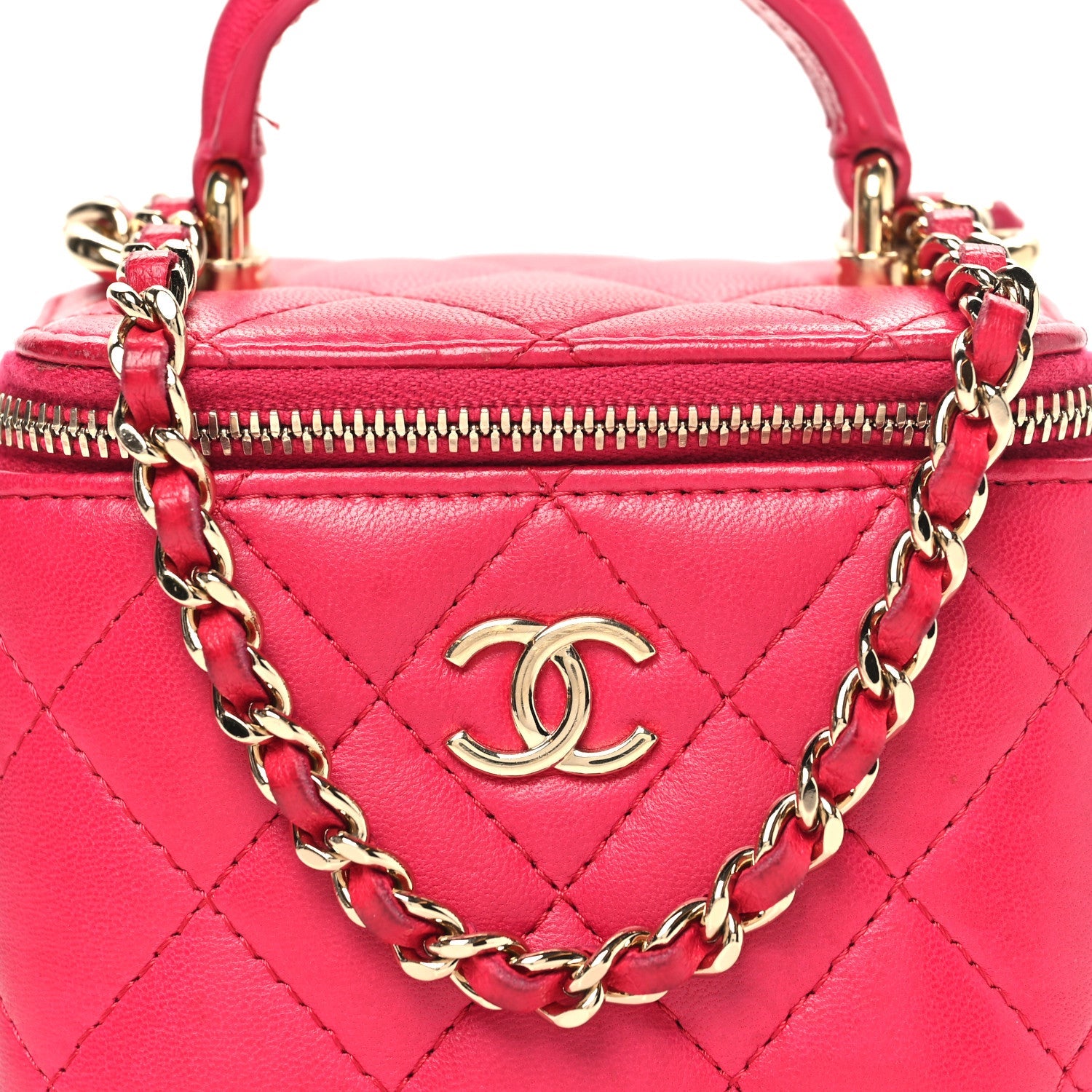 Chanel Lambskin Quilted Mini Top Handle Vanity Case With Chain Dark Pink