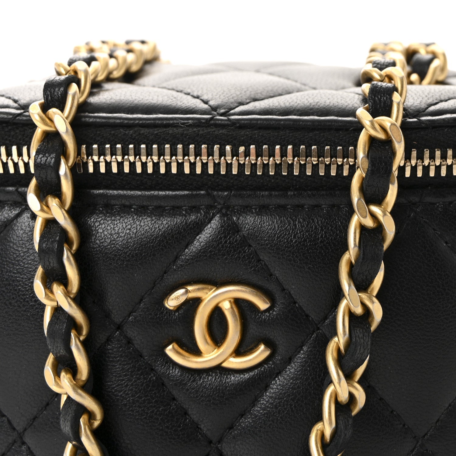 Chanel Lambskin Quilted Mini Pearl Crush Vanity Case With Chain Black