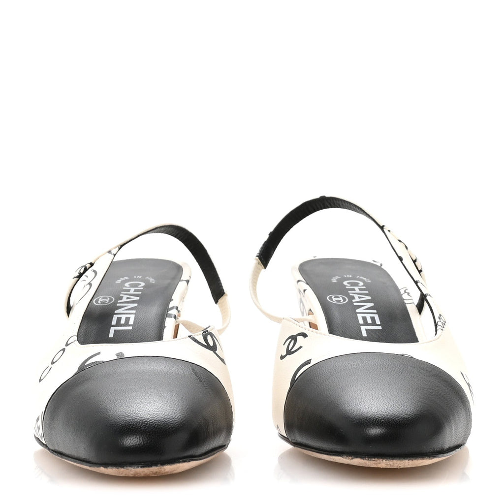 Printed Lambskin Cap Toe CC Slingback Pumps 37.5 Black White