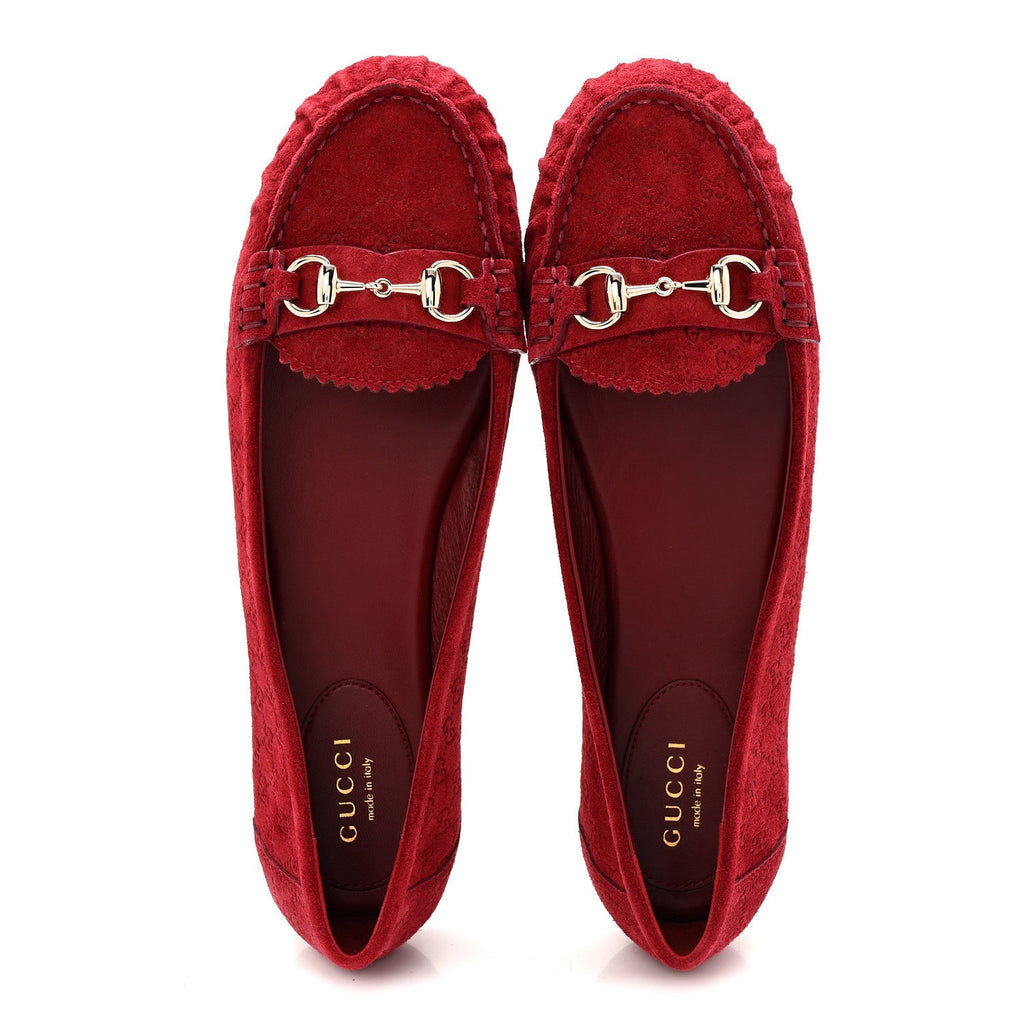 Gucci Suede Micro GG Horsebit Womens Kensington Moccasin Loafers 37 Rosso Ancora