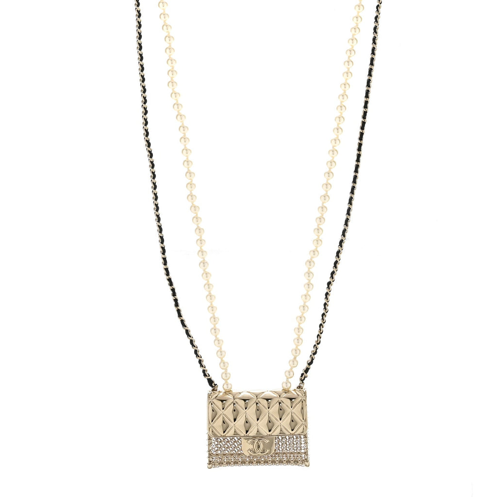 Metal Lambskin Pearl Chain Flap Bag Long Necklace Gold Black Pearly White