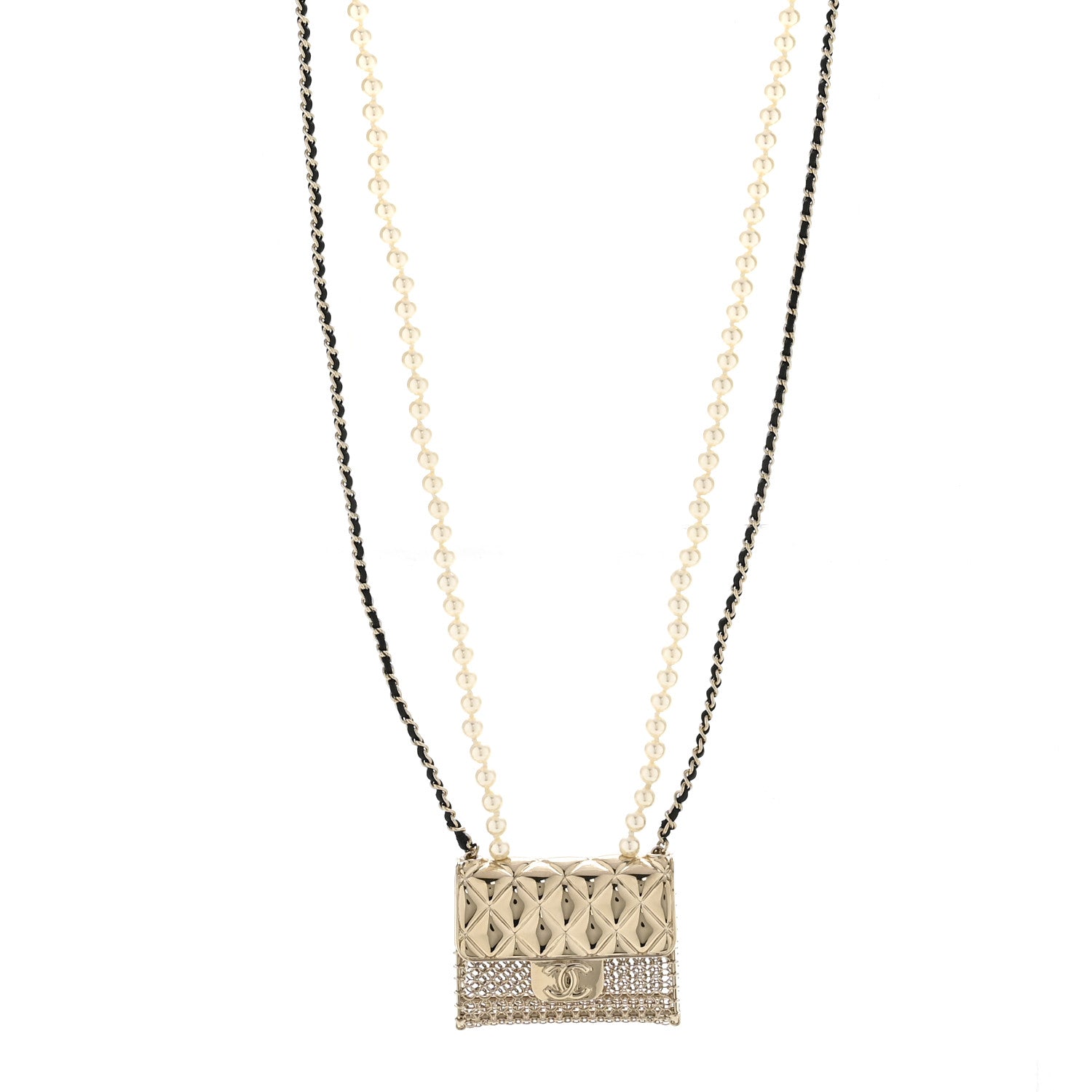 Metal Lambskin Pearl Chain Flap Bag Long Necklace Gold Black Pearly White
