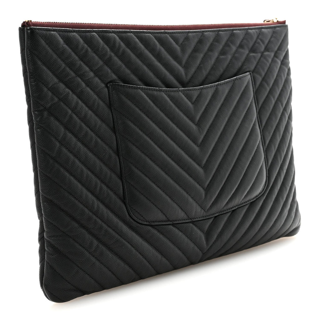 Caviar Chevron Quilted Large Cosmetic Case Black
