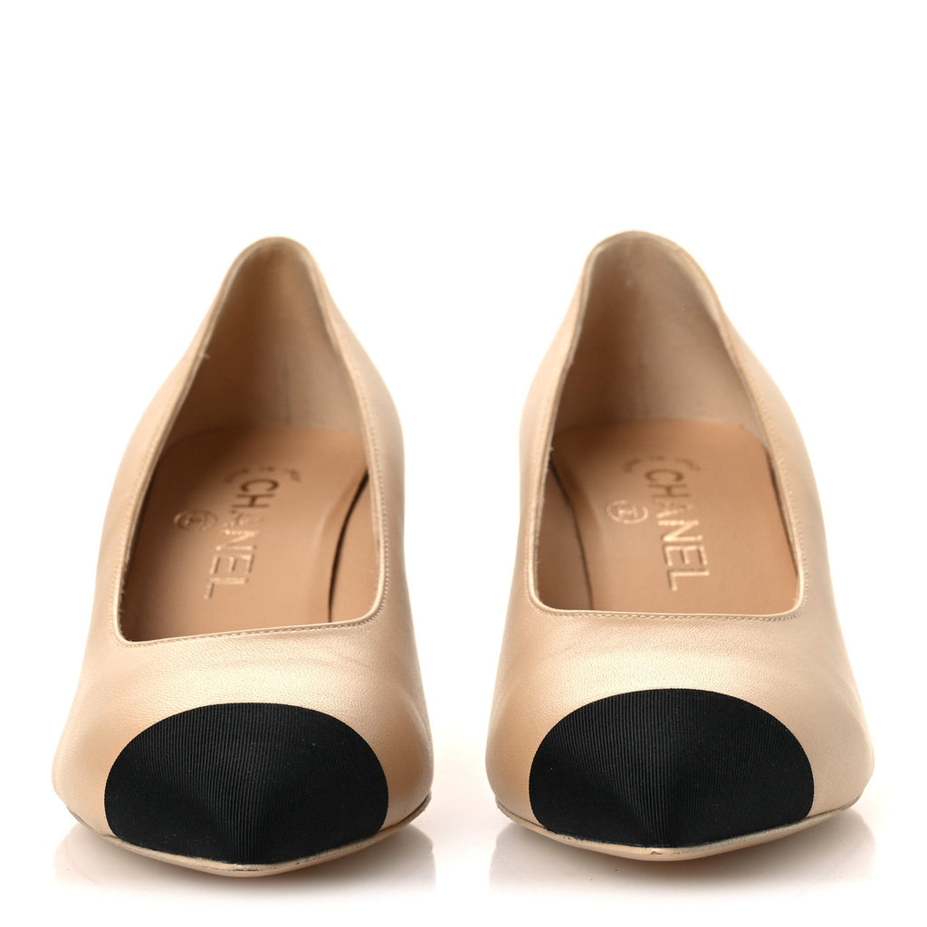 Lambskin Grosgrain Cap Toe CC Pearl Pumps 36.5 Beige Black