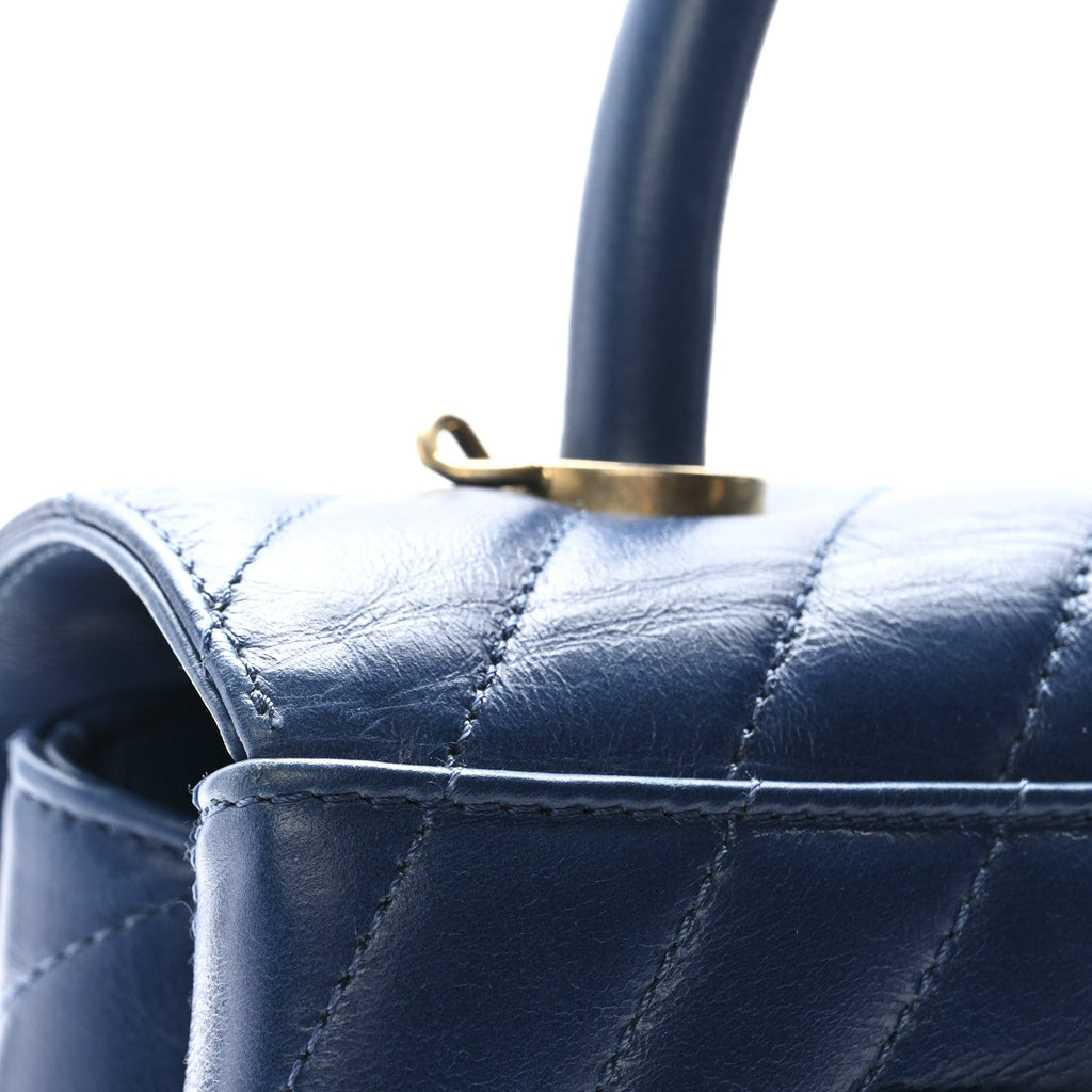 Chanel Aged Calfskin Chevron Quilted Small Coco Handle Flap Blue