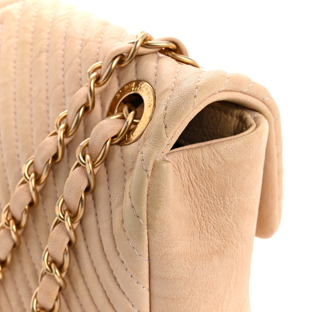 Chanel Calfskin Chevron Small Surpique Flap Beige