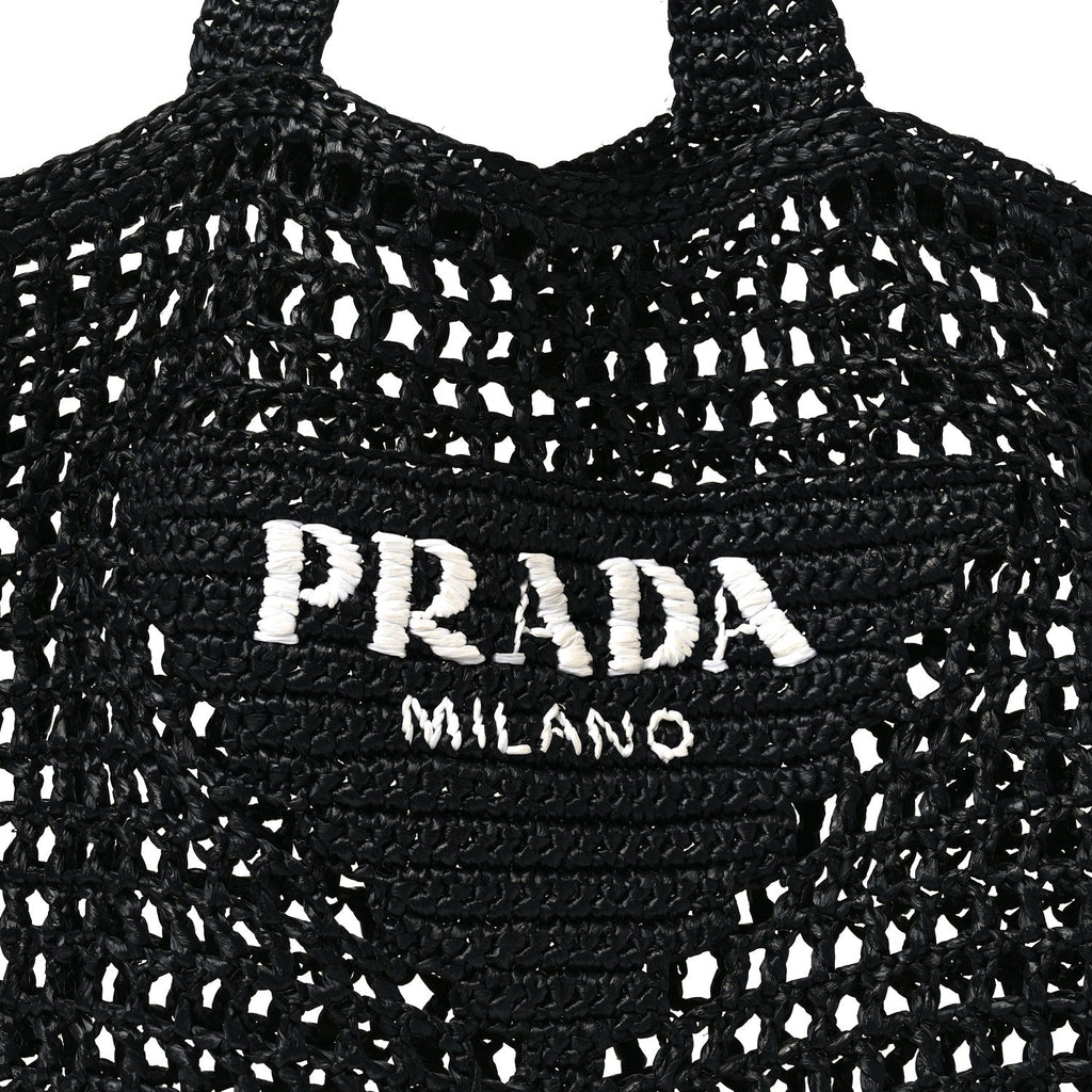 Prada Yarn Raffia Effect Crochet Logo Embroidered Tote Bag Black