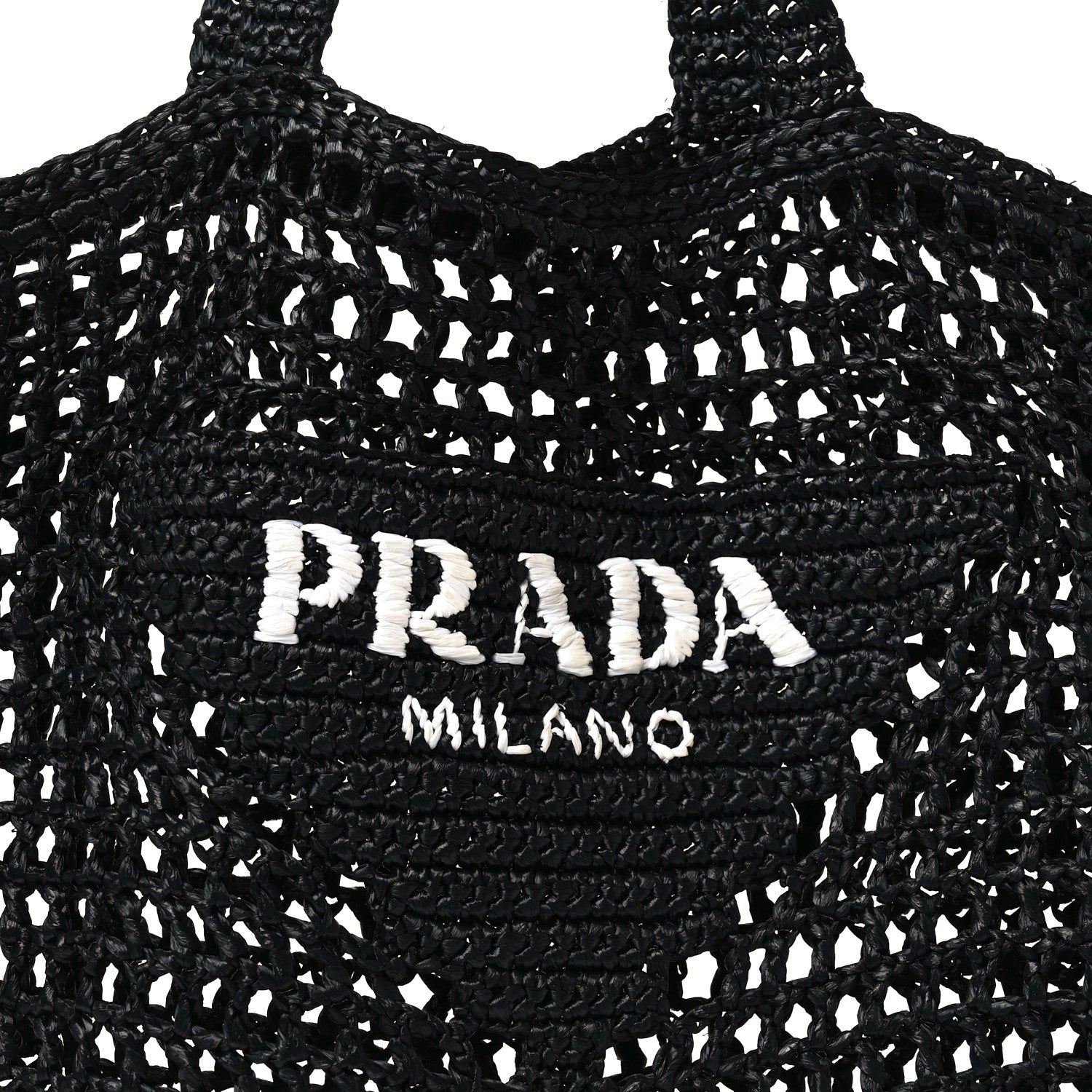 Prada Yarn Raffia Effect Crochet Logo Embroidered Tote Bag Black