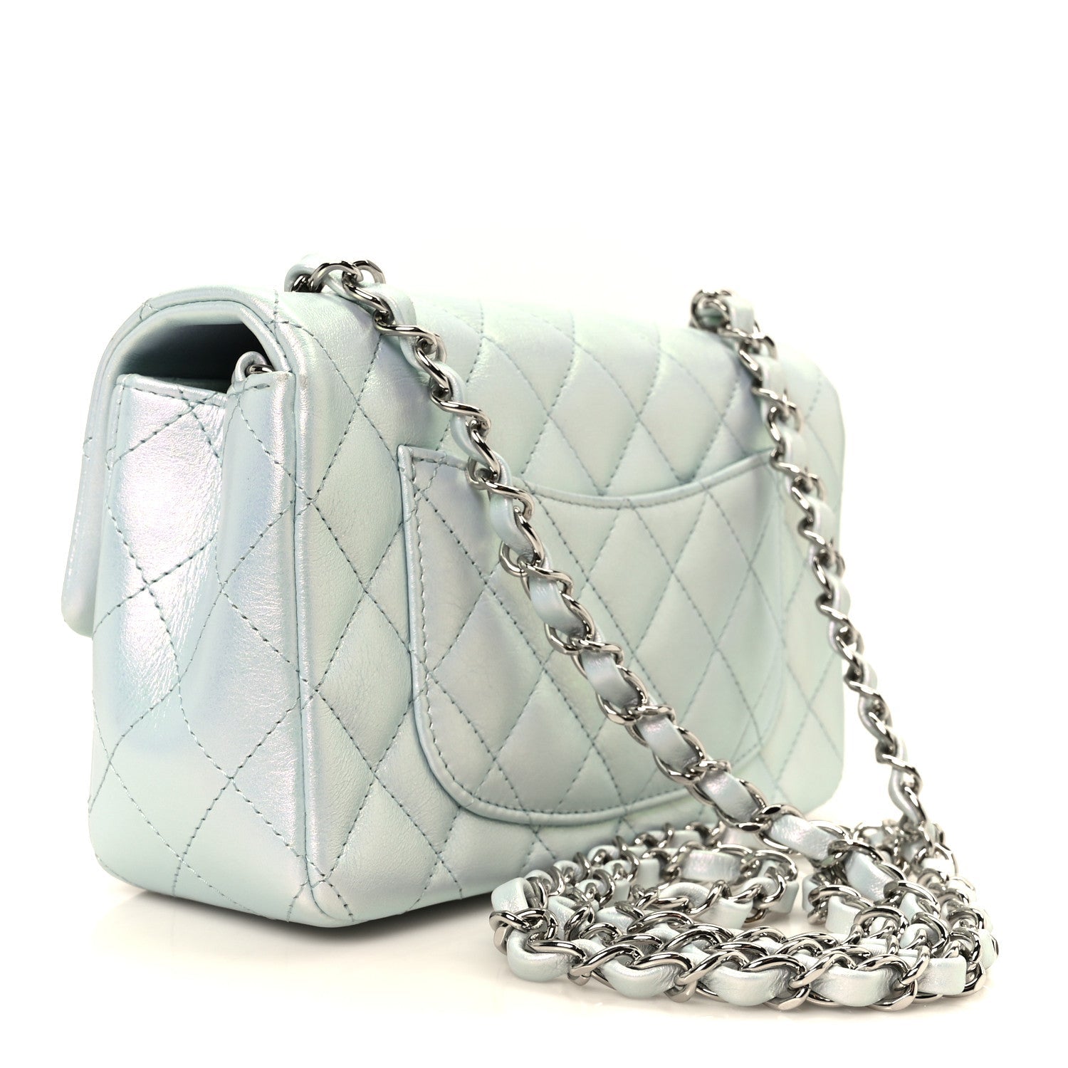 Chanel Iridescent Calfskin Quilted Mini Rectangular Flap Light Blue
