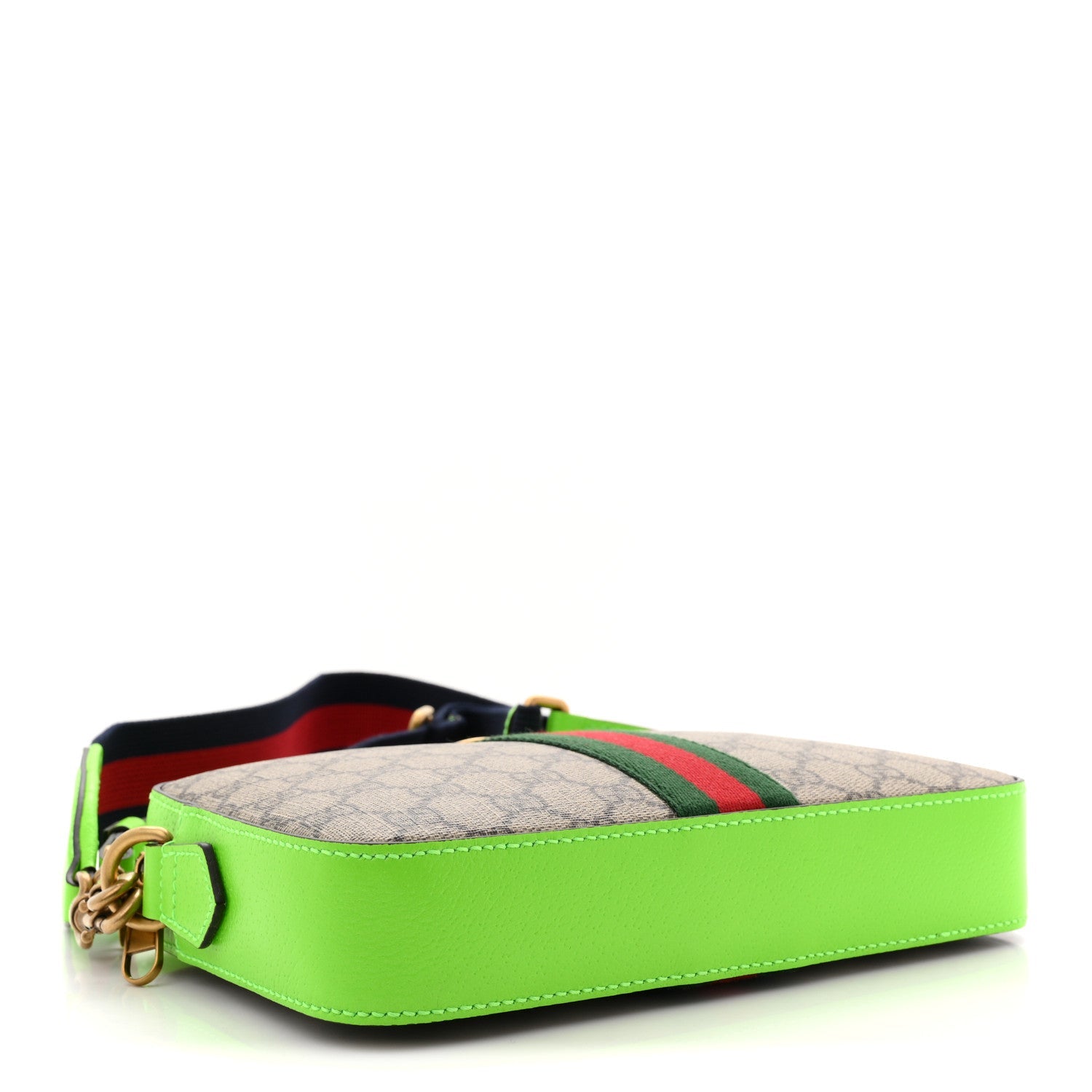 Gucci GG Supreme Monogram Textured Dollar Calfskin Web Ophidia Wristlet Shoulder Bag Beige Ebony Green