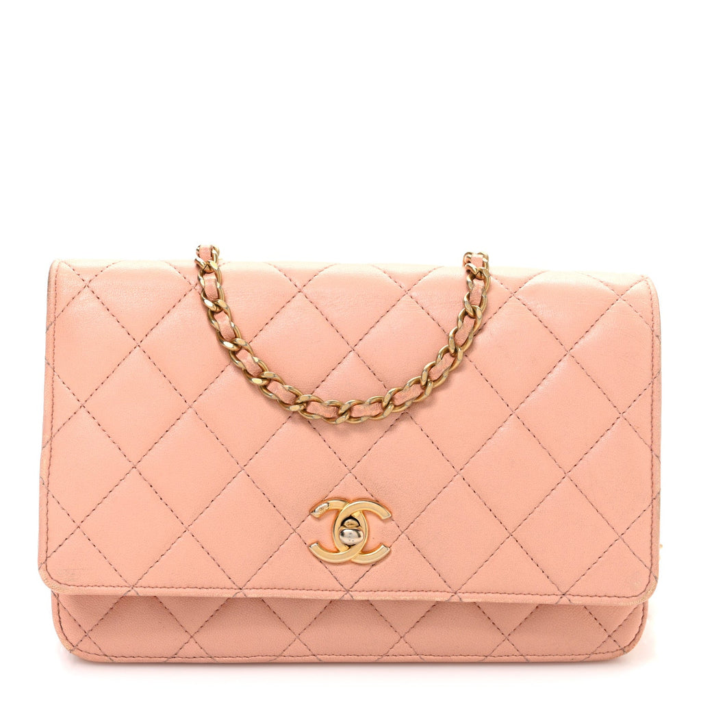 Chanel Lambskin Quilted CC Pearl Crush Wallet on Chain WOC Light Orange