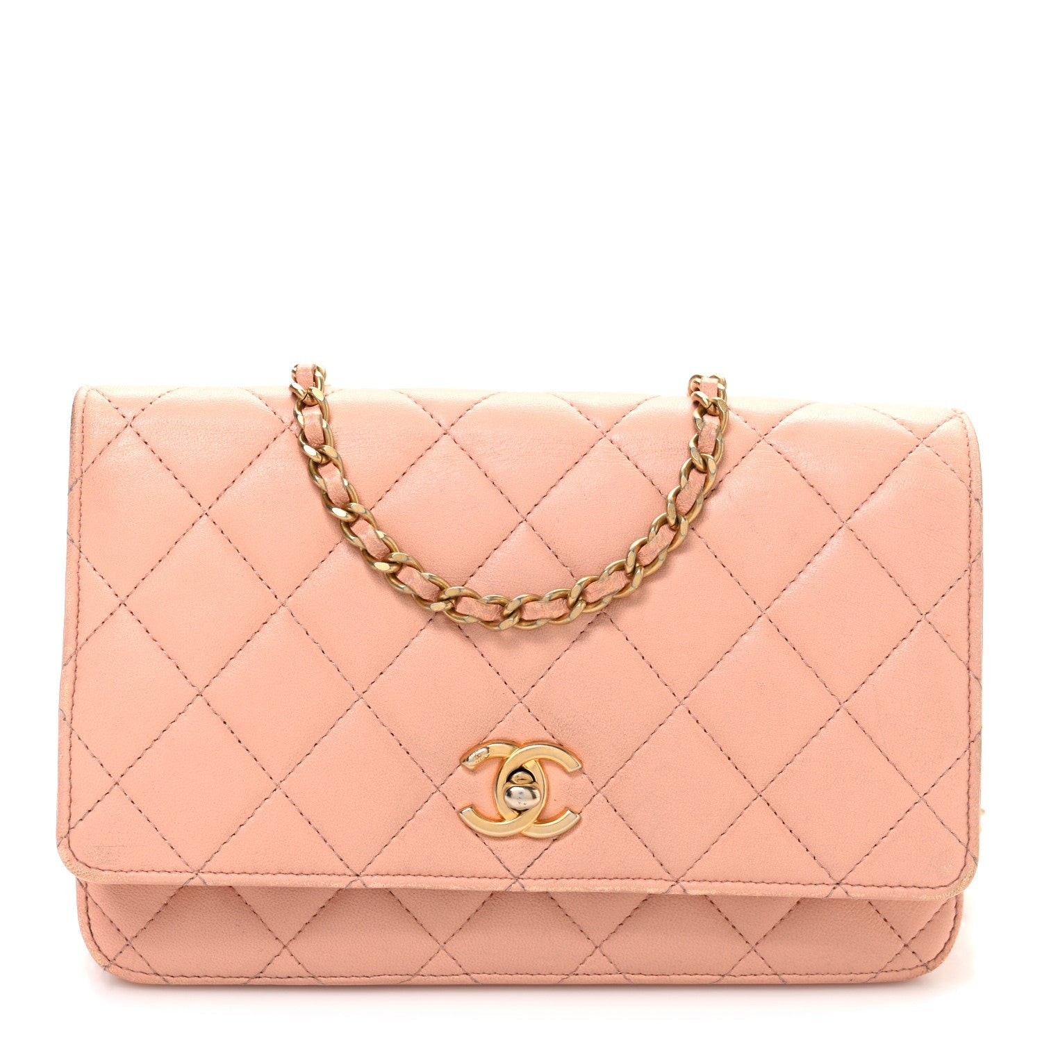Chanel Lambskin Quilted CC Pearl Crush Wallet on Chain WOC Light Orange
