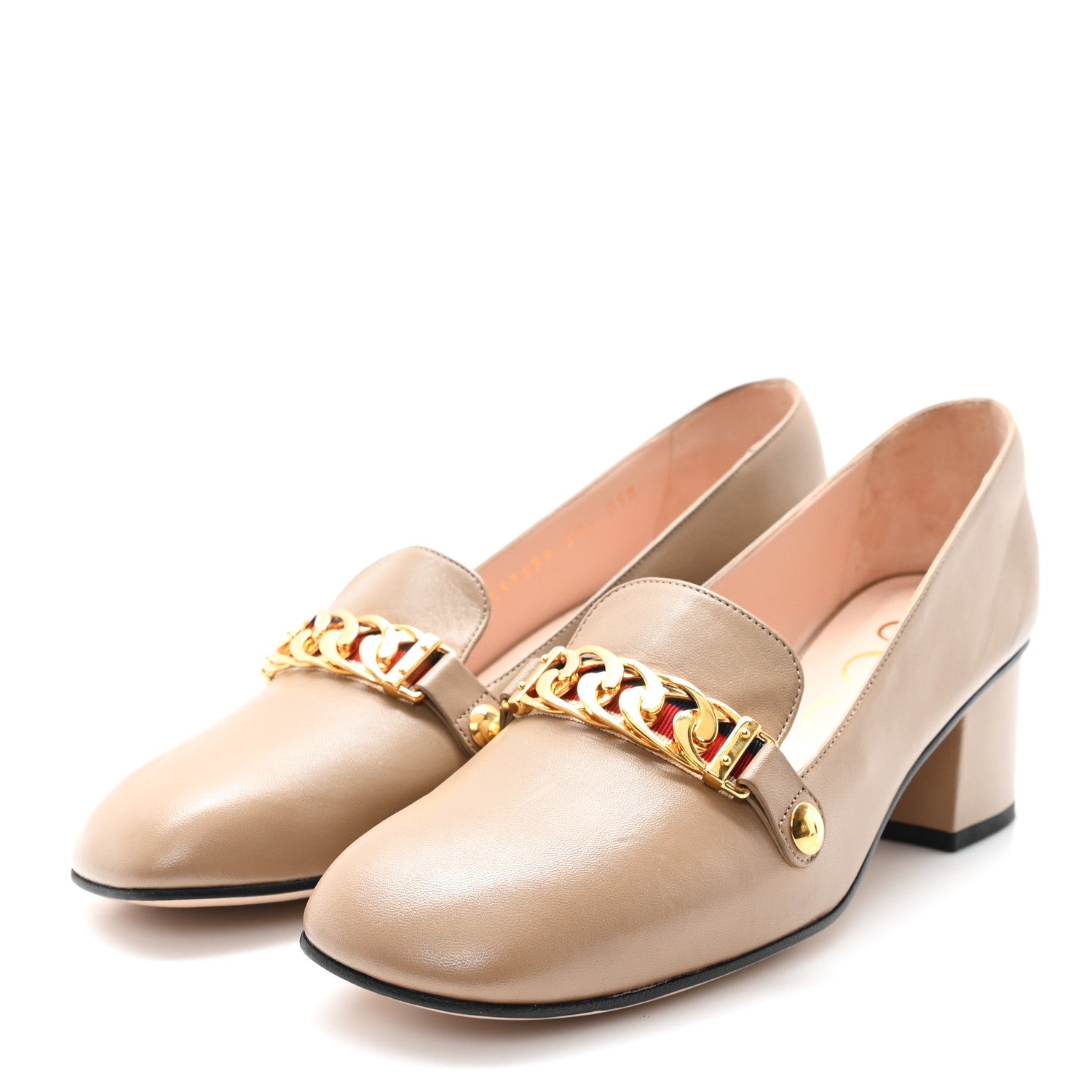 Gucci Malaga Kid Sylvie Web Chain Mid Heel Loafers 39.5 Mud