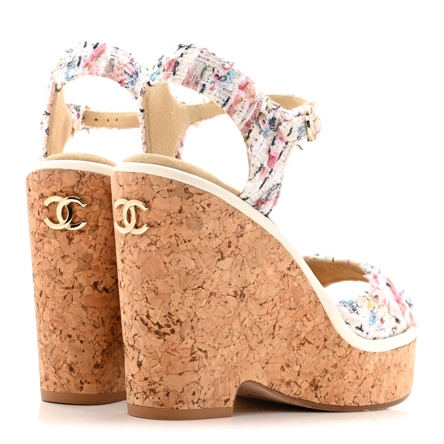 Chanel Tweed Cork CC Wedge Sandals 37 Ecru Pink Blue Green