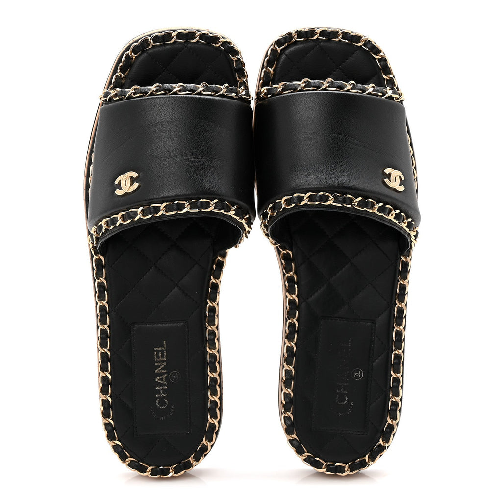 Lambskin Chain Cork Slide Sandals 38 Black